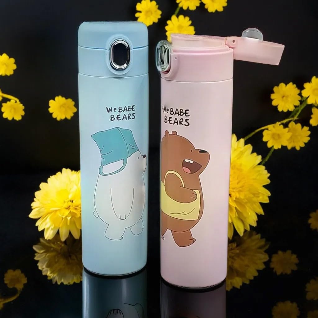 RSAAUD® Stainless Steel Cartoon Bear Water Bottle 500ML, Insulated Water Bottle, Steel Water Bottles for Girls Boys,Steel Flask for School, Office Leakproof 1Pc Random Color (Animal Bottle)