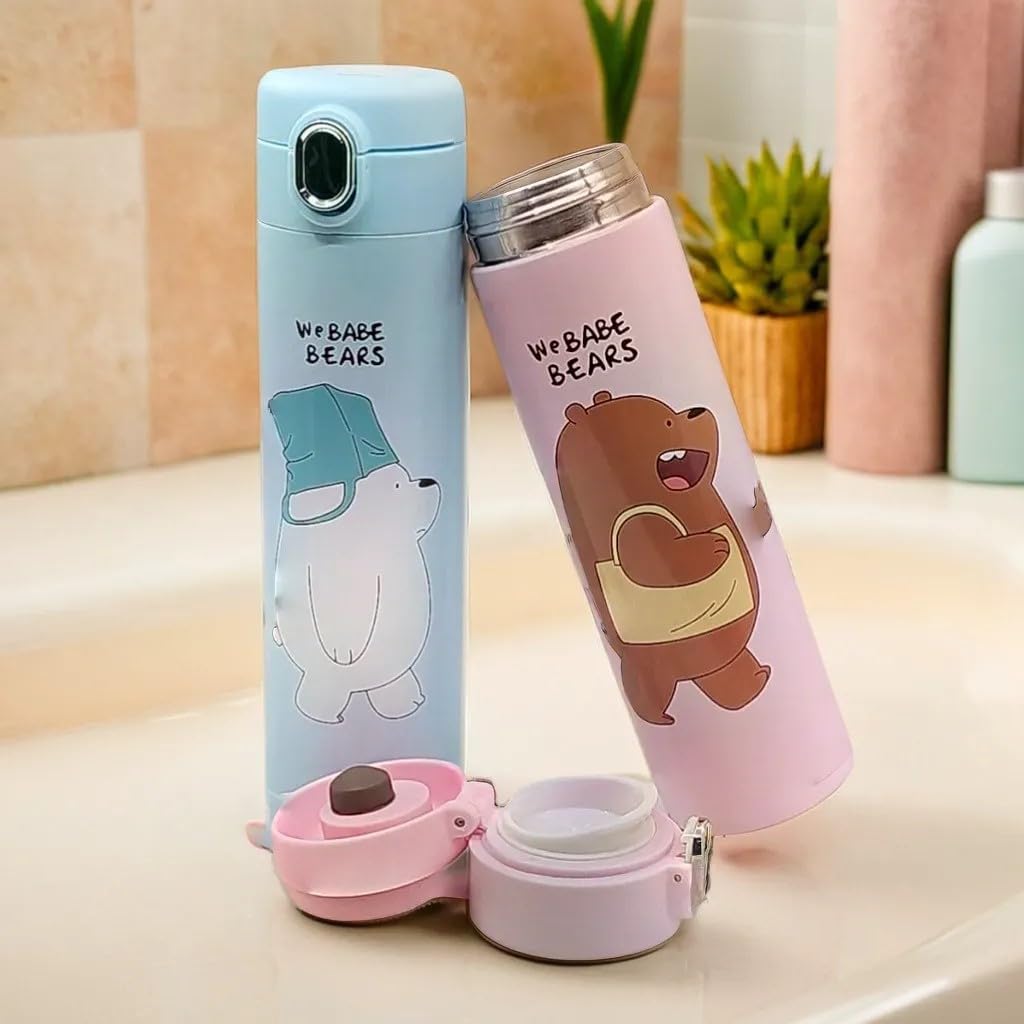 RSAAUD® Stainless Steel Cartoon Bear Water Bottle 500ML, Insulated Water Bottle, Steel Water Bottles for Girls Boys,Steel Flask for School, Office Leakproof 1Pc Random Color (Animal Bottle)