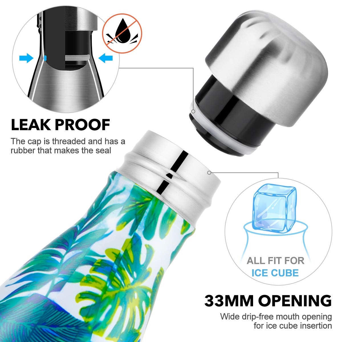 Lalafancy 500ml Stainless Steel Vacuum Flask Water Bottle, Ultimate Insulated Colorful Double Walled Drinks Flasks Bottles Sports - Keep 12 Hours Hot & 24 Hours Cold - BPA Free - Banana Leaf