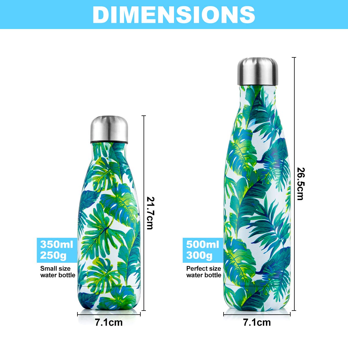 Lalafancy 500ml Stainless Steel Vacuum Flask Water Bottle, Ultimate Insulated Colorful Double Walled Drinks Flasks Bottles Sports - Keep 12 Hours Hot & 24 Hours Cold - BPA Free - Banana Leaf