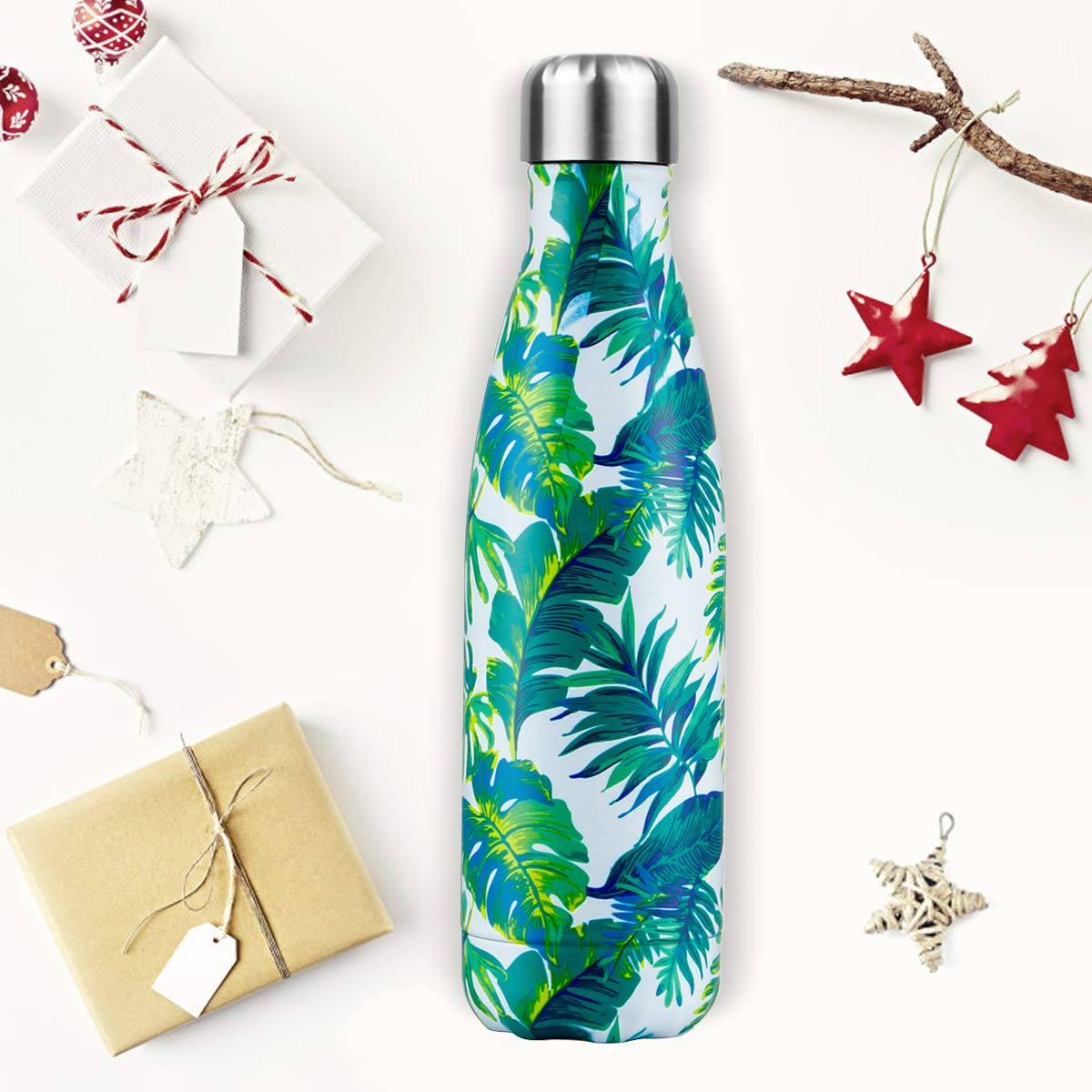 Lalafancy 500ml Stainless Steel Vacuum Flask Water Bottle, Ultimate Insulated Colorful Double Walled Drinks Flasks Bottles Sports - Keep 12 Hours Hot & 24 Hours Cold - BPA Free - Banana Leaf