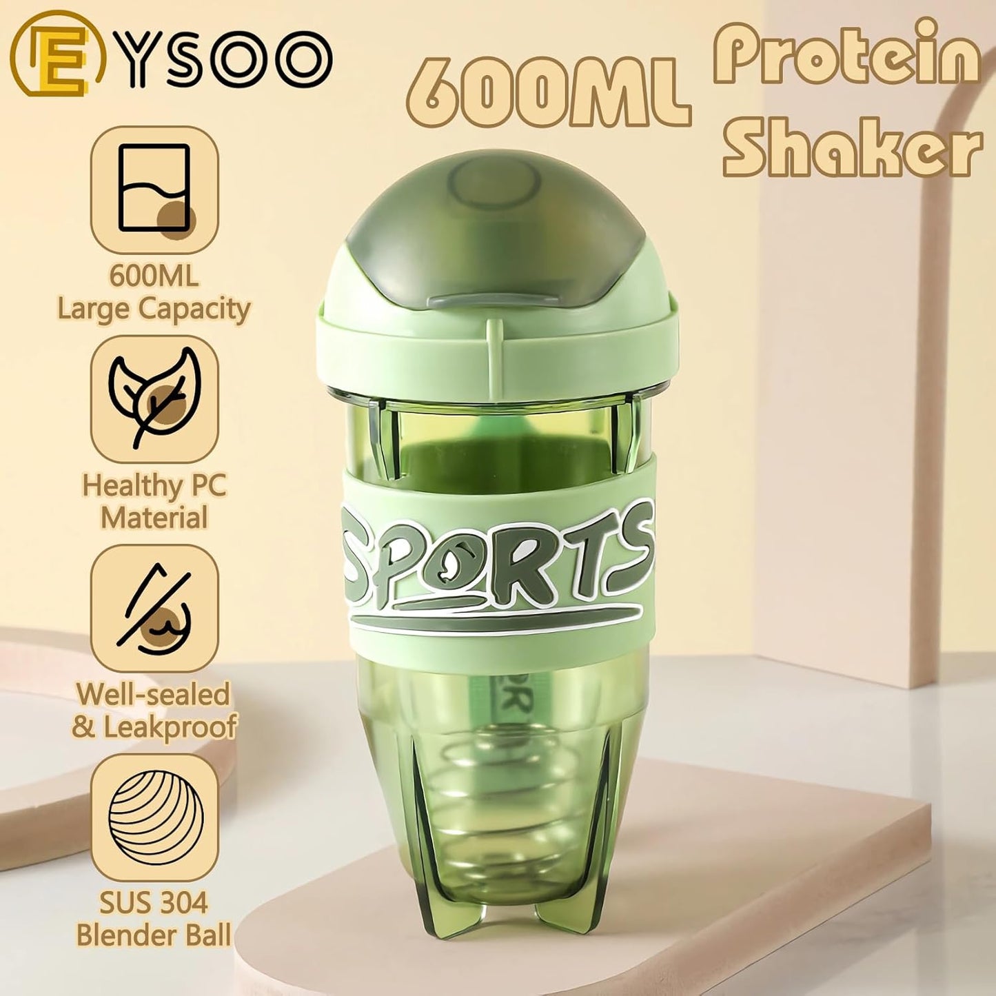 EYSOO Protein Shaker Bottle 600ml / 21 oz Shaker Bottle Protein Shaker Cup Leakproof Shaker BPA Free Protein Shaker with Blender Ball for Gym Fitness (Green)