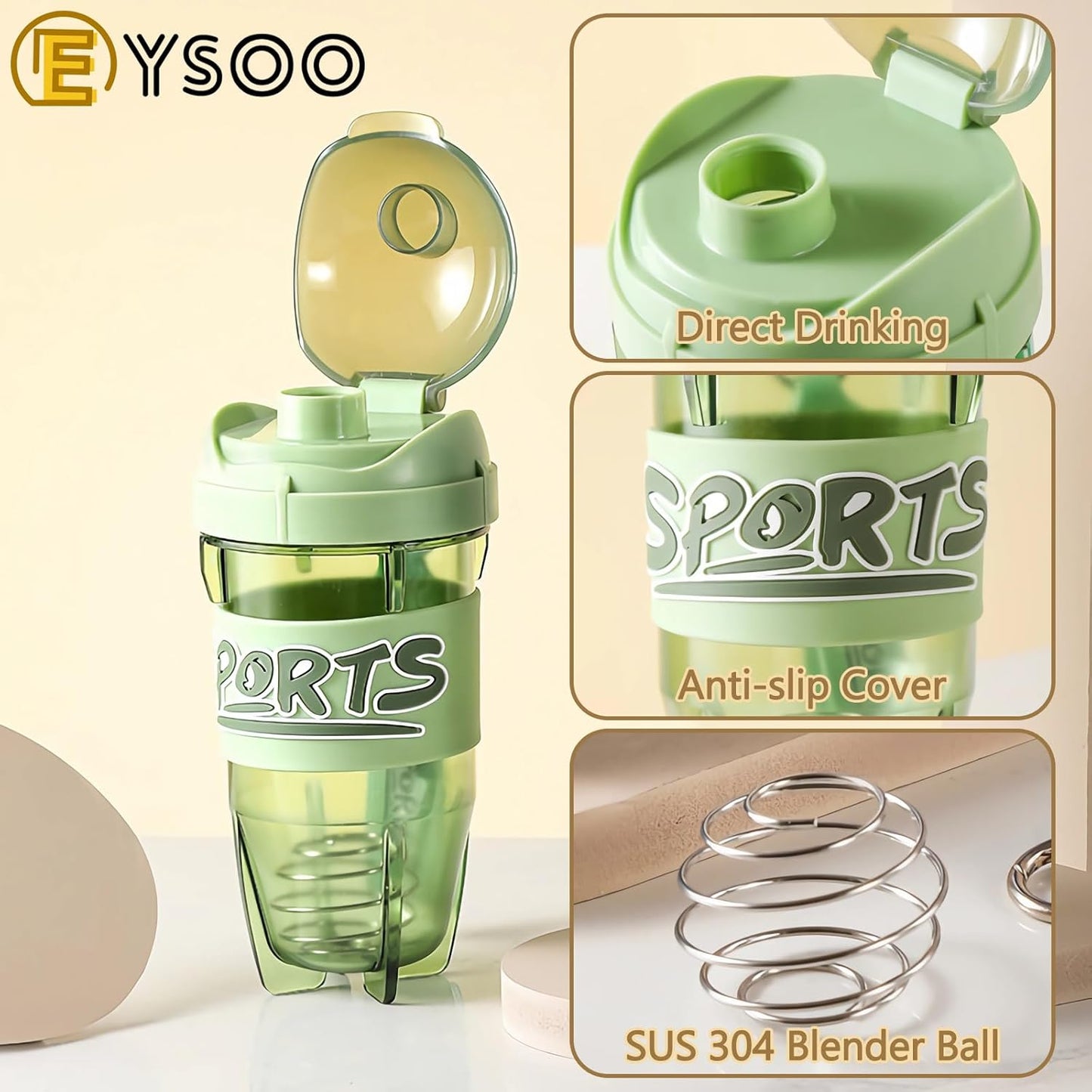 EYSOO Protein Shaker Bottle 600ml / 21 oz Shaker Bottle Protein Shaker Cup Leakproof Shaker BPA Free Protein Shaker with Blender Ball for Gym Fitness (Green)