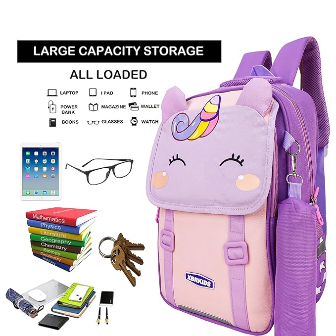 ADSON Unicorn Travel School Bag|Backpack for Girls & Boys Large 16 Inches Casual Day Pack Cartoon Bookbag Rucksack With Pouch(Unicorn Purple)