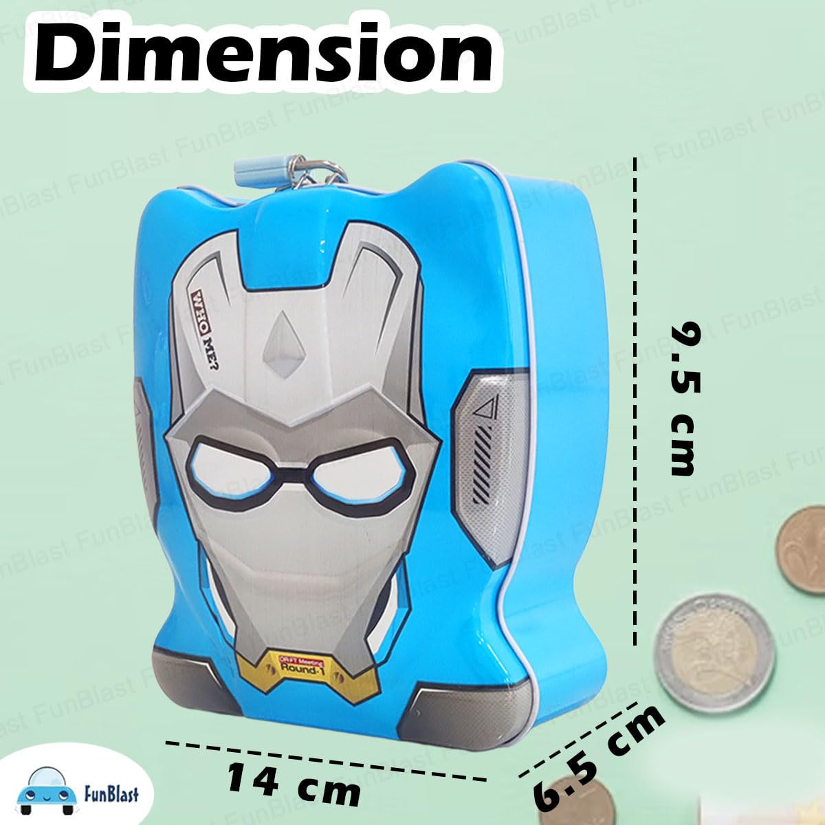 FunBlast Piggy Bank - Money Saving Tin Coin Bank with Lock and Key, Cartoon Coin Box for Kids, Boys, Girls, Piggy Bank for Kids, Money Box for Boys, Birthday Return Gift (Blue)