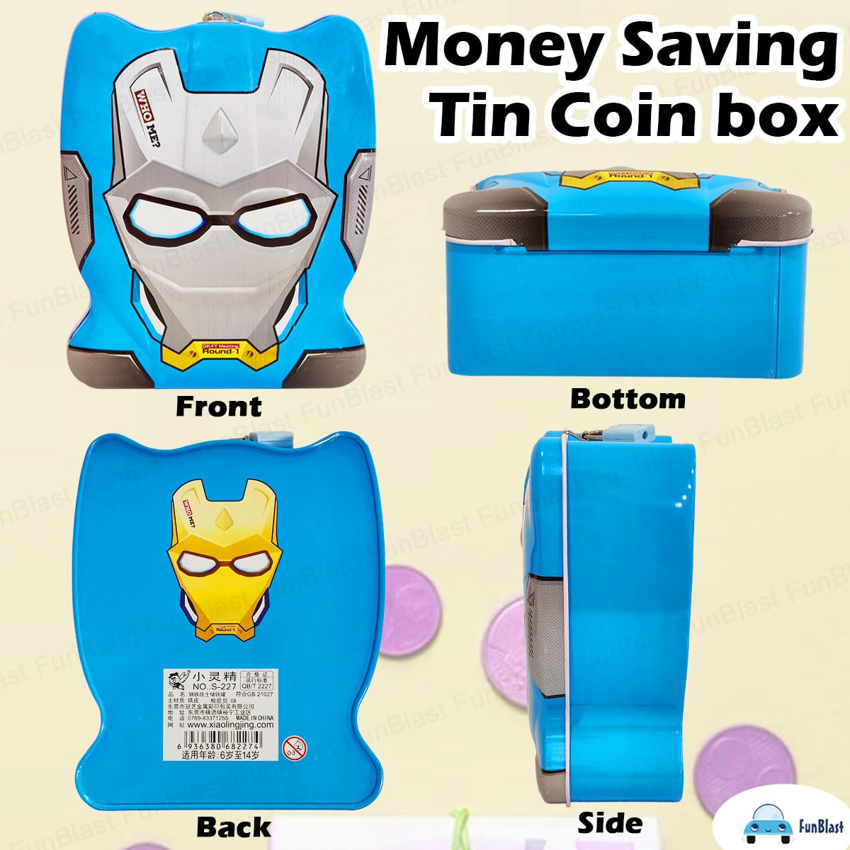 FunBlast Piggy Bank - Money Saving Tin Coin Bank with Lock and Key, Cartoon Coin Box for Kids, Boys, Girls, Piggy Bank for Kids, Money Box for Boys, Birthday Return Gift (Blue)