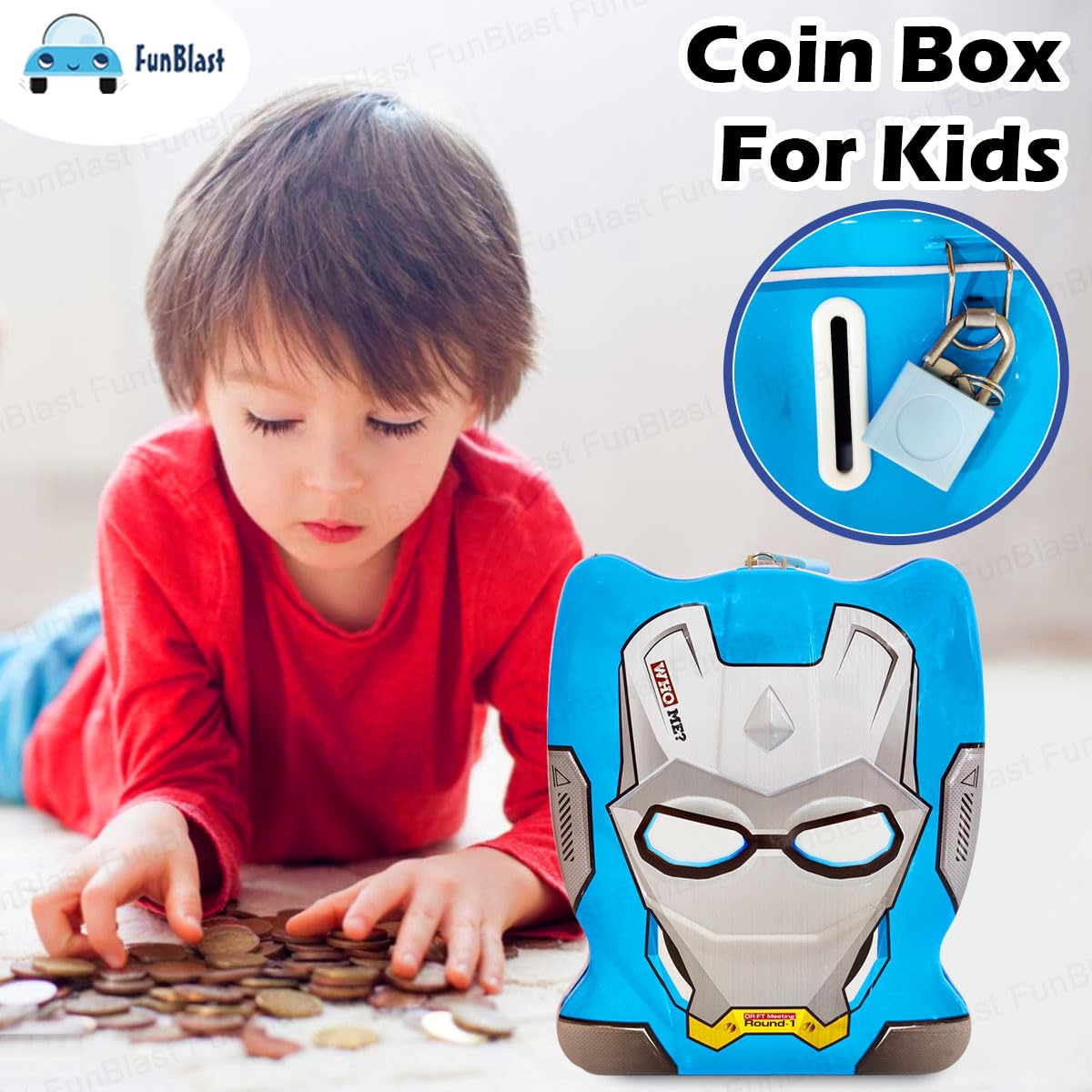 FunBlast Piggy Bank - Money Saving Tin Coin Bank with Lock and Key, Cartoon Coin Box for Kids, Boys, Girls, Piggy Bank for Kids, Money Box for Boys, Birthday Return Gift (Blue)