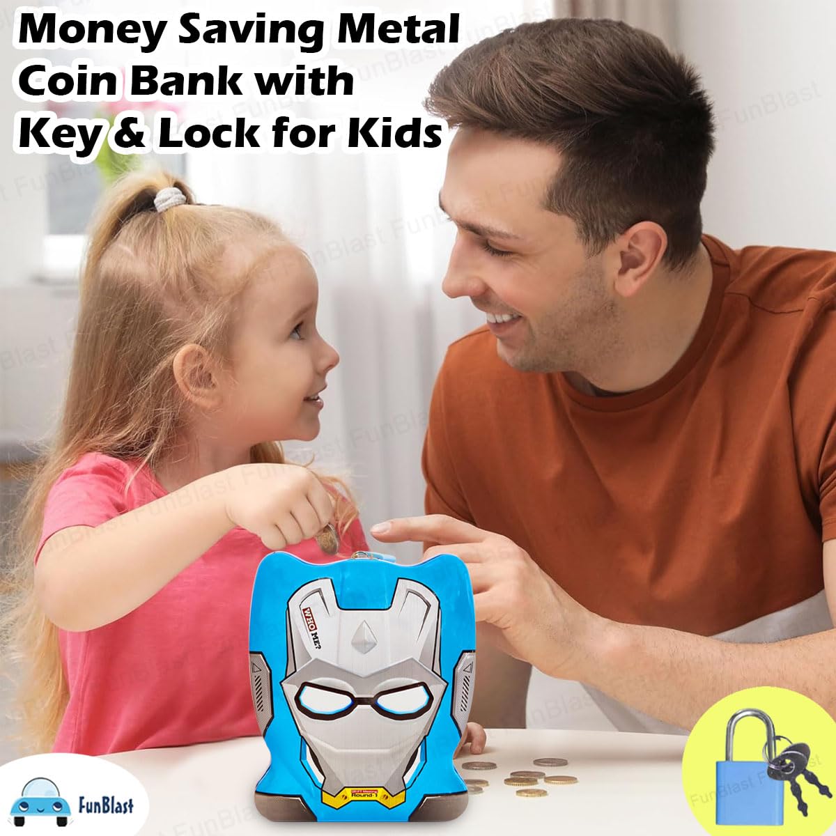 FunBlast Piggy Bank - Money Saving Tin Coin Bank with Lock and Key, Cartoon Coin Box for Kids, Boys, Girls, Piggy Bank for Kids, Money Box for Boys, Birthday Return Gift (Blue)