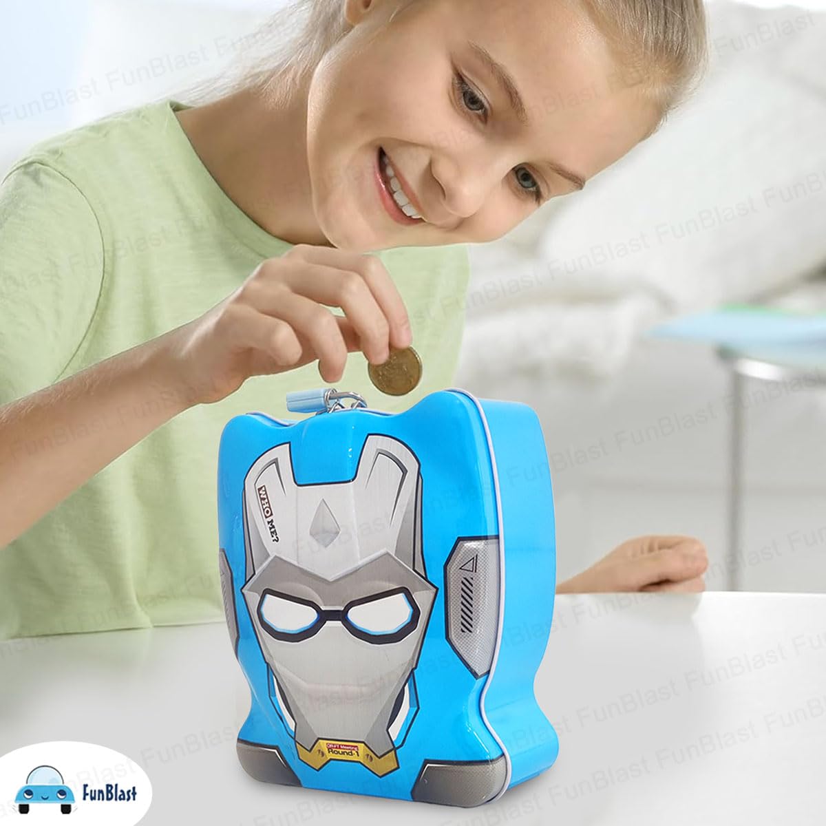 FunBlast Piggy Bank - Money Saving Tin Coin Bank with Lock and Key, Cartoon Coin Box for Kids, Boys, Girls, Piggy Bank for Kids, Money Box for Boys, Birthday Return Gift (Blue)