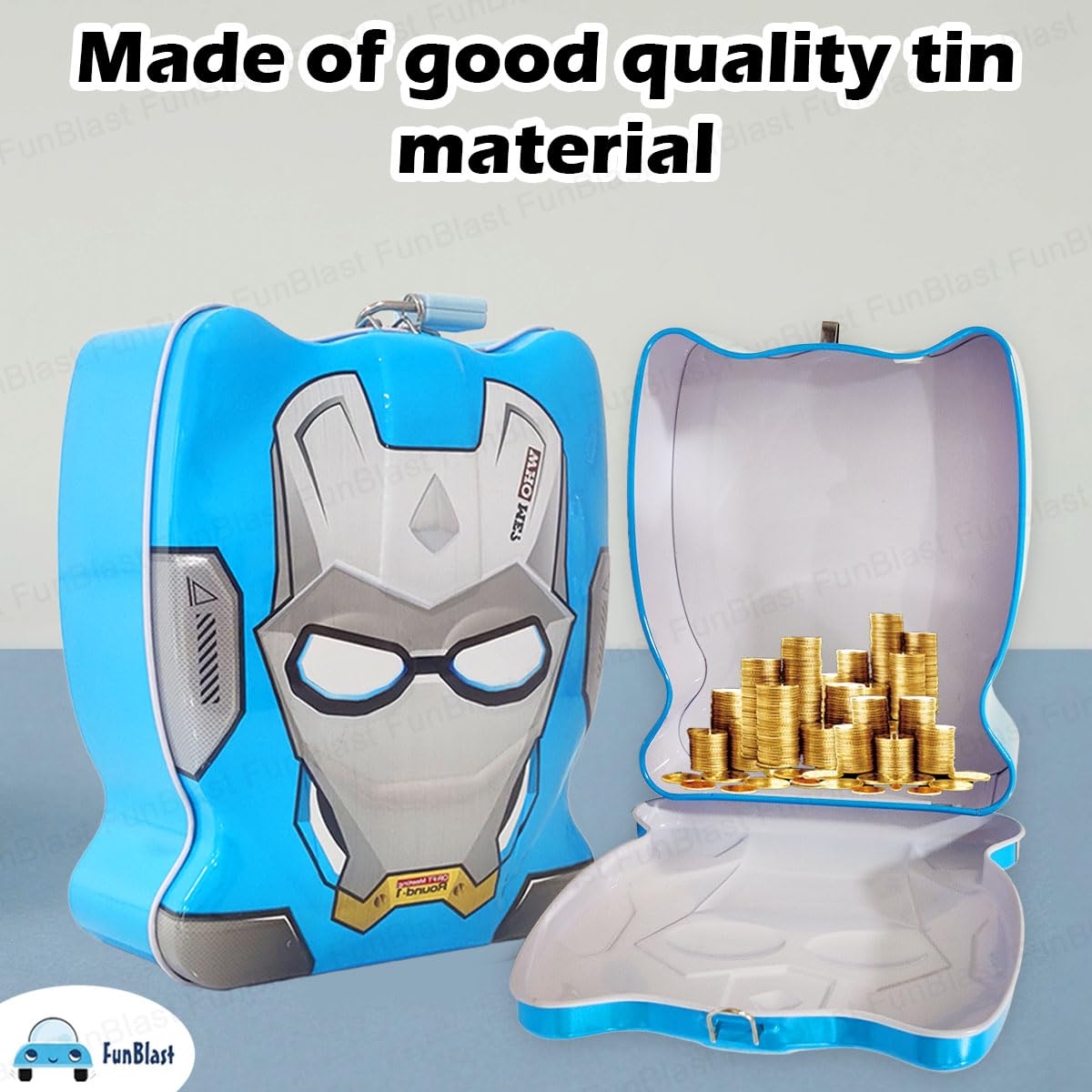 FunBlast Piggy Bank - Money Saving Tin Coin Bank with Lock and Key, Cartoon Coin Box for Kids, Boys, Girls, Piggy Bank for Kids, Money Box for Boys, Birthday Return Gift (Blue)