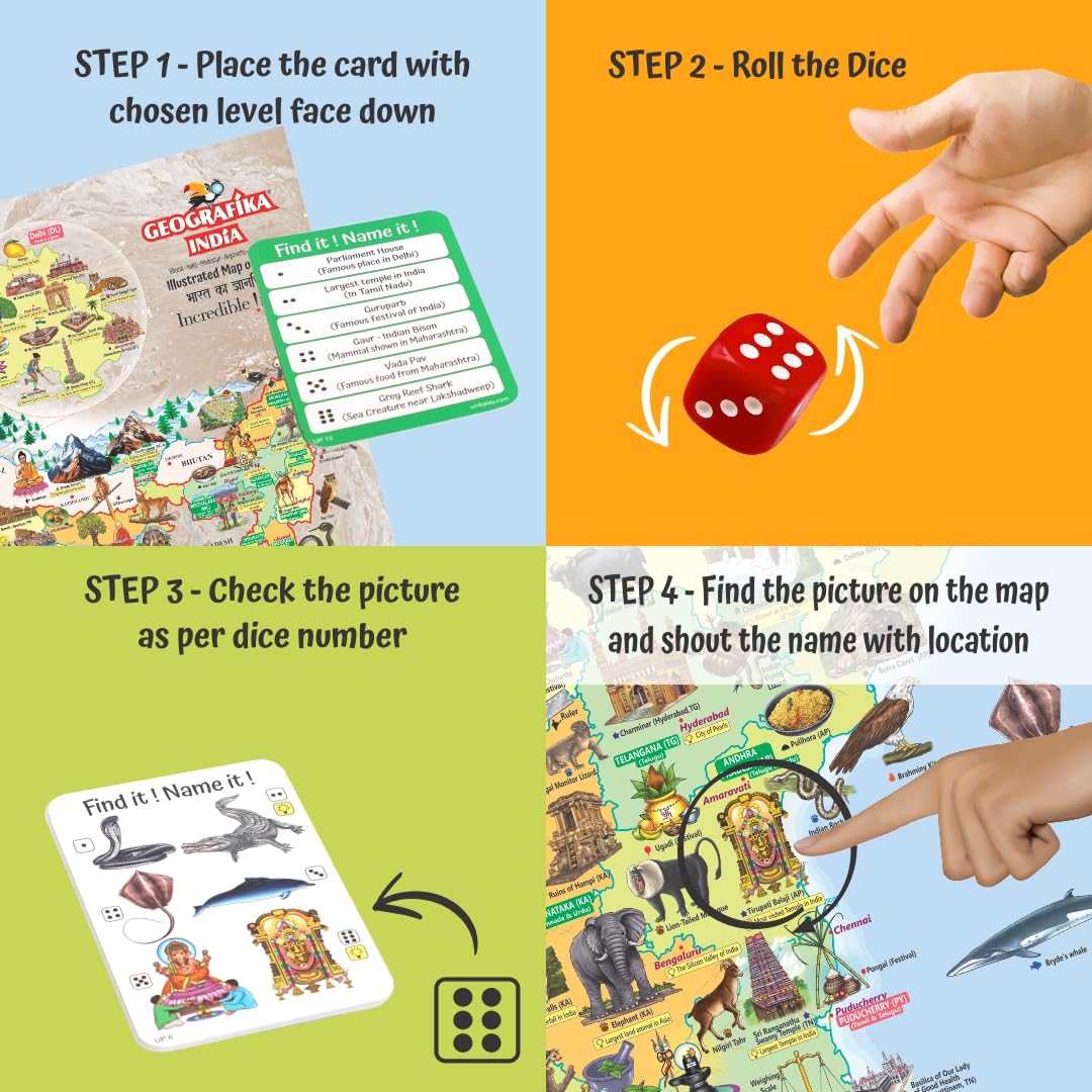 UnikPlay Geografika Map Game with Illustrated Map & 40 Game Cards – Learning with Fun for Kids Aged 6+ | Educational Geography Board Game for Children – Learn Fun Facts (India)