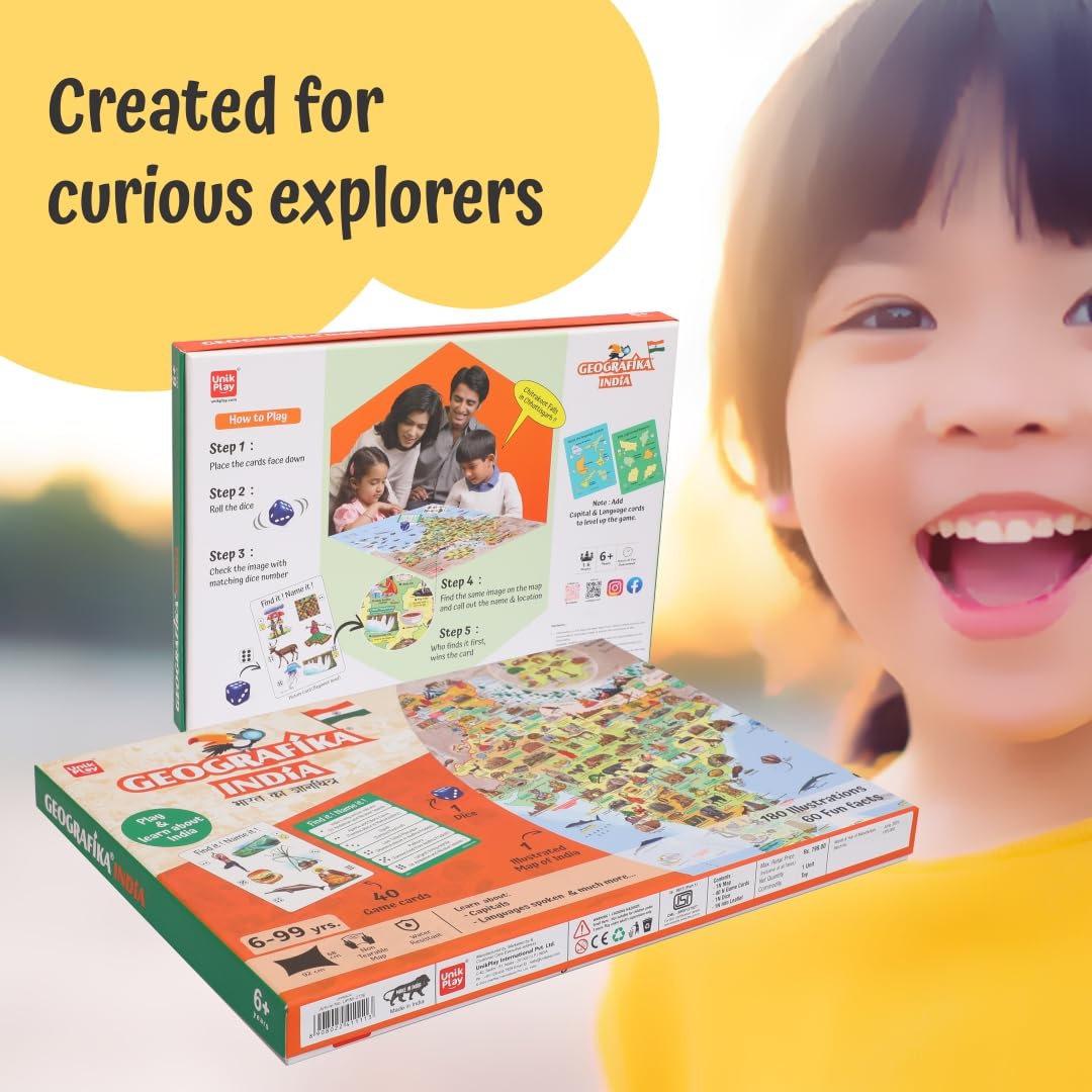 UnikPlay Geografika Map Game with Illustrated Map & 40 Game Cards – Learning with Fun for Kids Aged 6+ | Educational Geography Board Game for Children – Learn Fun Facts (India)