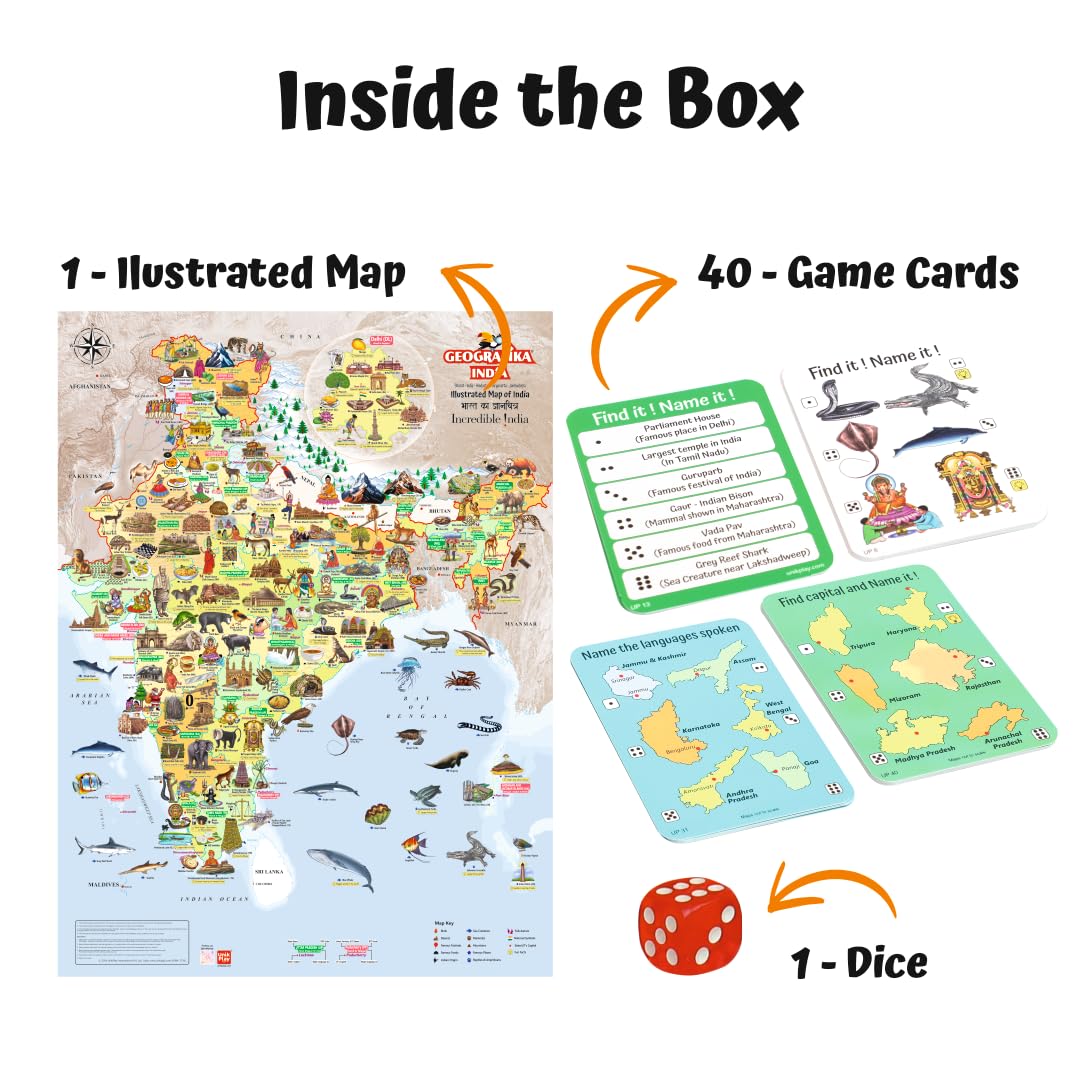 UnikPlay Geografika Map Game with Illustrated Map & 40 Game Cards – Learning with Fun for Kids Aged 6+ | Educational Geography Board Game for Children – Learn Fun Facts (India)