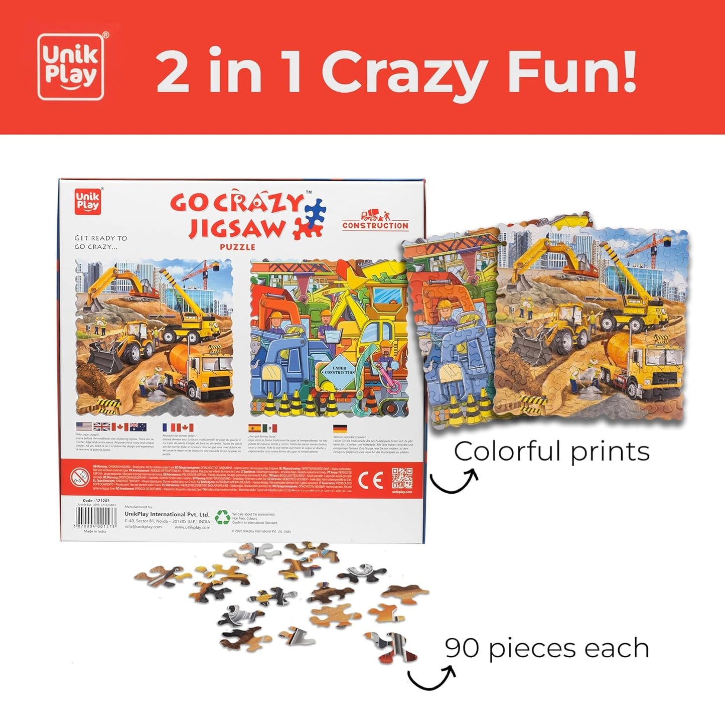 UnikPlay Go Crazy Jigsaw Puzzle for Kids and Adults | Attractive Cartoon Print Puzzle with 2 Puzzle Trays for Age 6 to 99 Years-180 Pcs - (Construction)