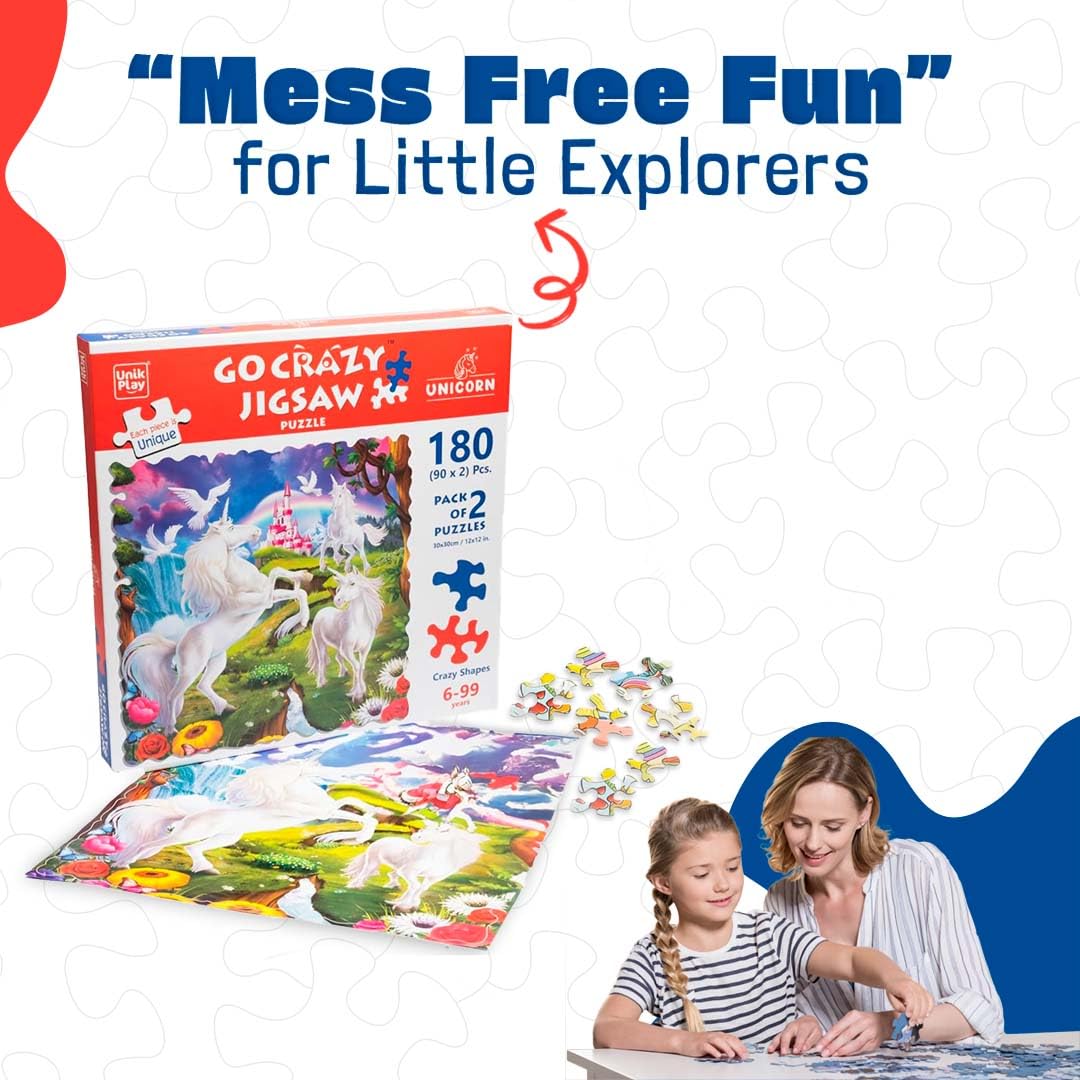 UnikPlay Go Crazy Jigsaw Puzzle for Kids and Adults | Attractive Cartoon Print Puzzle with 2 Puzzle Trays for Age 6 to 99 Years-180 Pcs-(Unicorn)