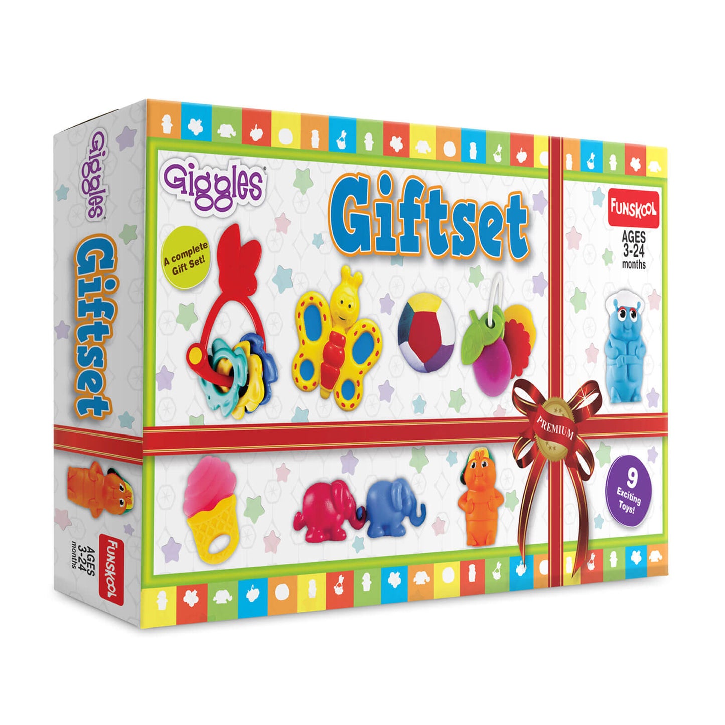 Giggles Funskool Gift Set Premium, Toy Set for Newborn Baby, Infants & Toddlers, Includes Rattle, Teether, Animals & Activity Toys With Development, Gift Set for Babies, Multicolor Age 3+ Months