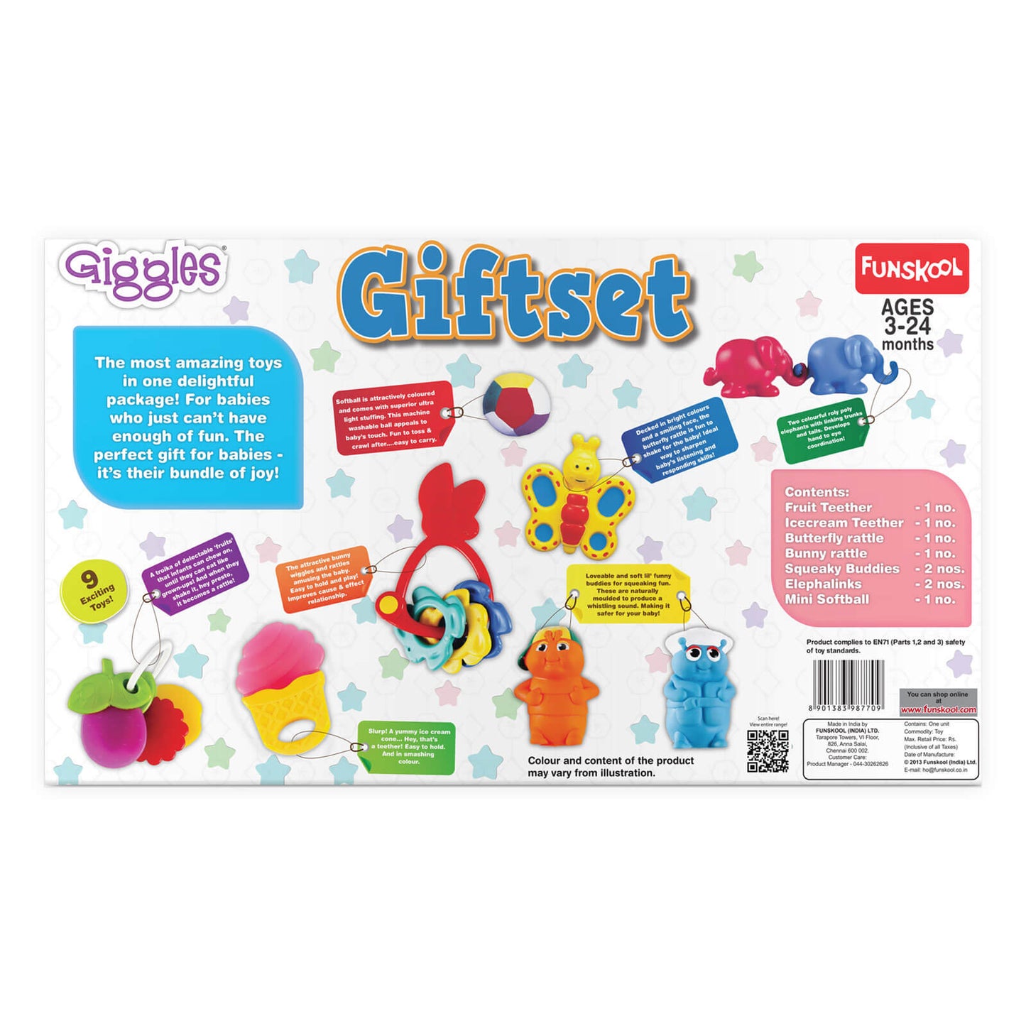 Giggles Funskool Gift Set Premium, Toy Set for Newborn Baby, Infants & Toddlers, Includes Rattle, Teether, Animals & Activity Toys With Development, Gift Set for Babies, Multicolor Age 3+ Months