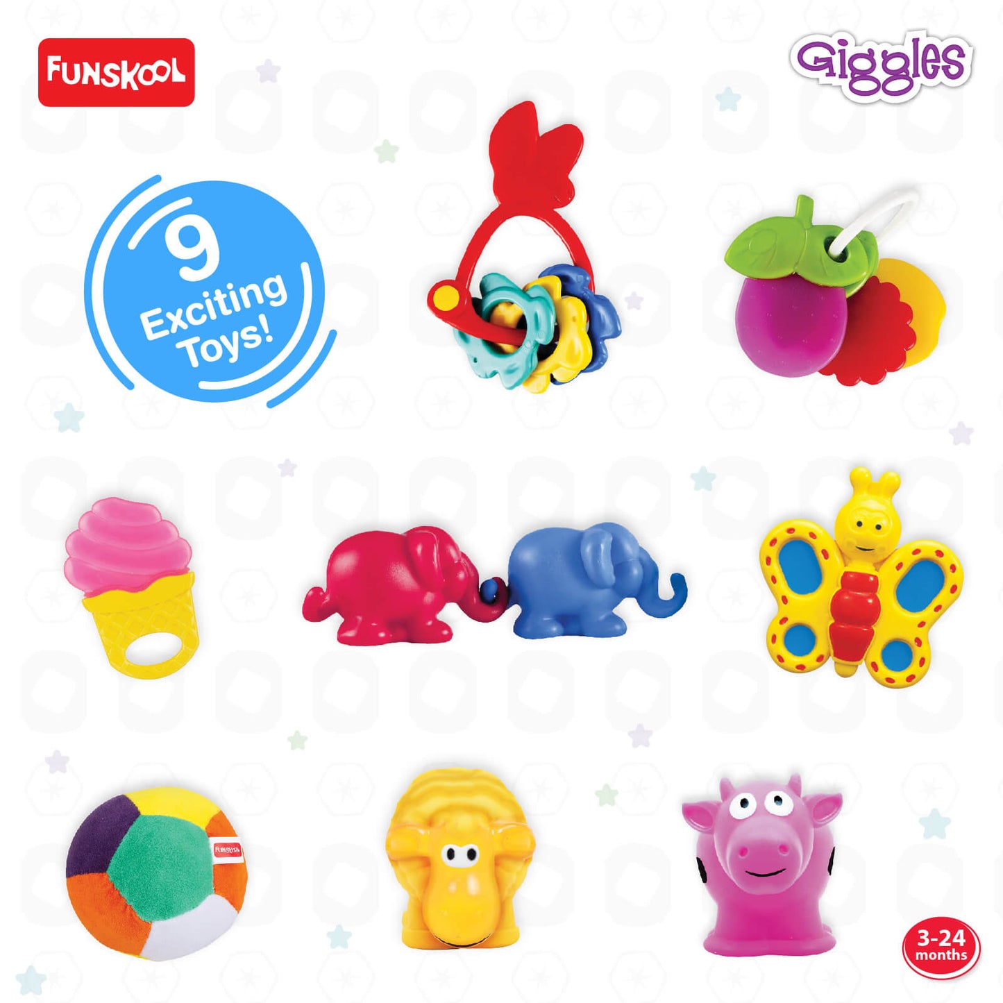 Giggles Funskool Gift Set Premium, Toy Set for Newborn Baby, Infants & Toddlers, Includes Rattle, Teether, Animals & Activity Toys With Development, Gift Set for Babies, Multicolor Age 3+ Months