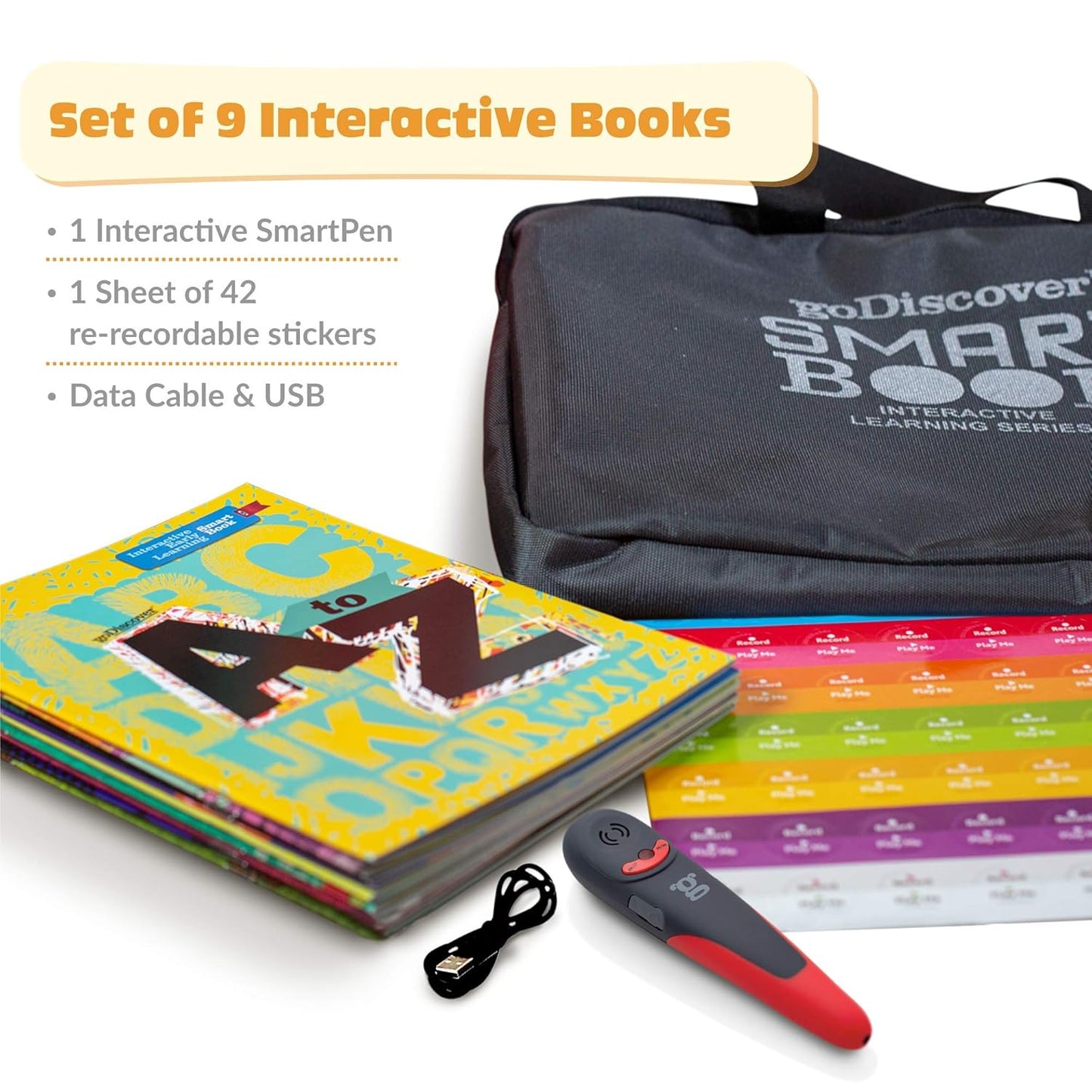 goDiscover Interactive Smart Book Series with Talking Pen | Set of 9 Fun Educational Books with Alphabets, Numbers, Colours, & More | Fun Learning Activity Toy for 2–4 Year Kids