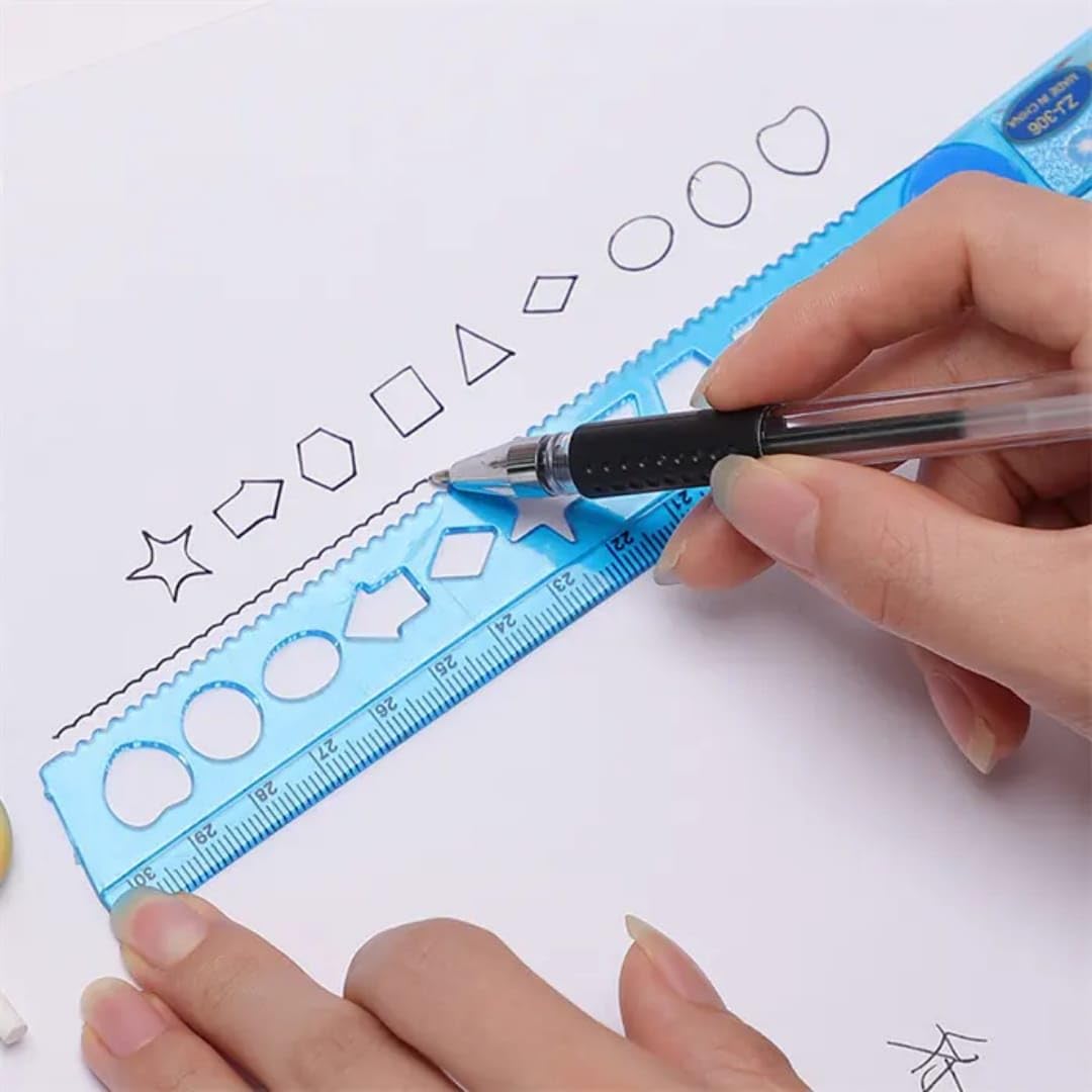 ShaRu Enterprises Kids Foldable Ruler Scale with Built-in Stencil, 30 cm to 15 cm | Multicolour, Durable Plastic, Ideal for School Use, Drawing, Geometry & Return Gifts for Boys and Girls | Pack of 2