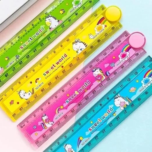 ShaRu Enterprises Kids Foldable Ruler Scale with Built-in Stencil, 30 cm to 15 cm | Multicolour, Durable Plastic, Ideal for School Use, Drawing, Geometry & Return Gifts for Boys and Girls | Pack of 2
