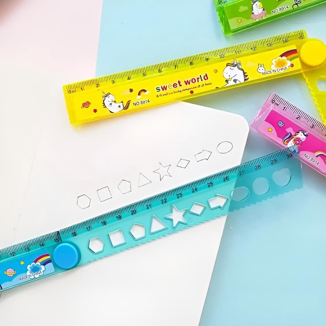 ShaRu Enterprises Kids Foldable Ruler Scale with Built-in Stencil, 30 cm to 15 cm | Multicolour, Durable Plastic, Ideal for School Use, Drawing, Geometry & Return Gifts for Boys and Girls | Pack of 2
