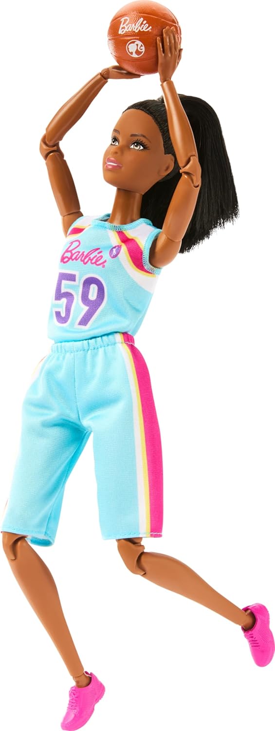 Barbie Careers Fashion Doll & Accessories, Made to Move Brunette Basketball Player Wearing Removable Uniform with Ball, 22 Bendable Joints