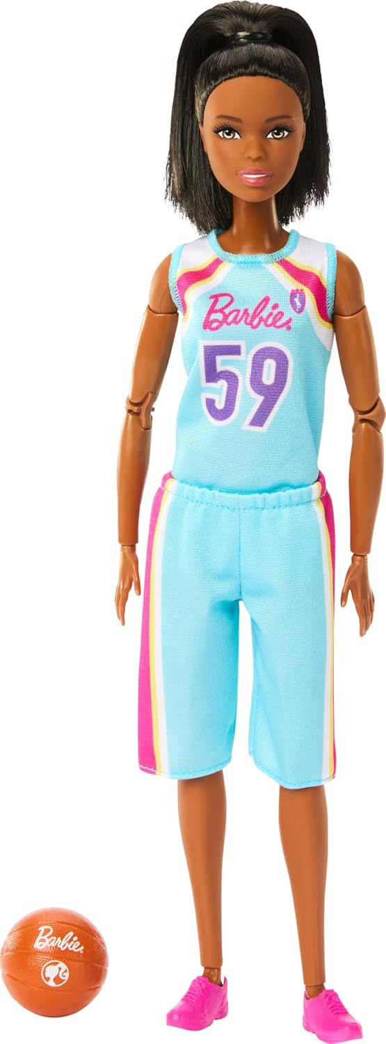 Barbie Careers Fashion Doll & Accessories, Made to Move Brunette Basketball Player Wearing Removable Uniform with Ball, 22 Bendable Joints
