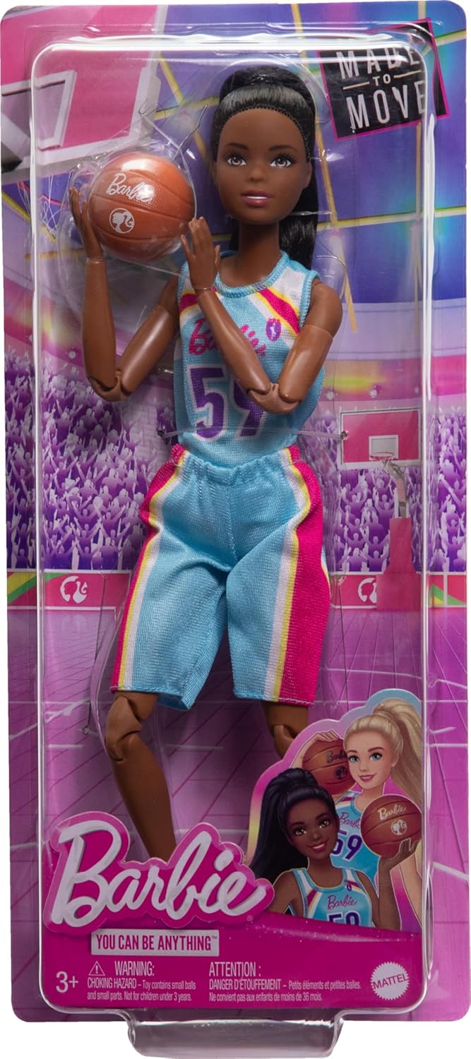 Barbie Careers Fashion Doll & Accessories, Made to Move Brunette Basketball Player Wearing Removable Uniform with Ball, 22 Bendable Joints