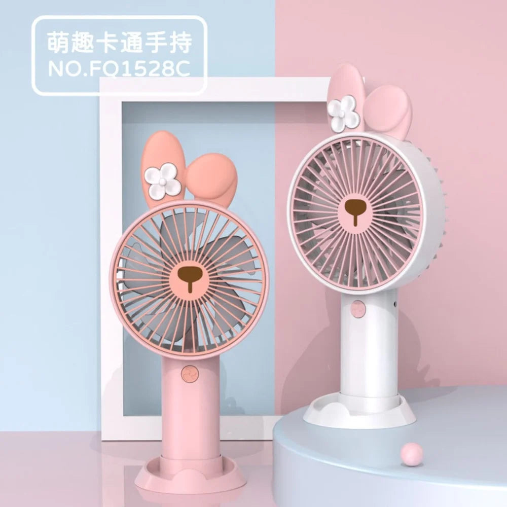 USB Hand Fan with Mobile Stand & Charging Cable Kawaii Theme Rechargeable 14 CM Compact & Portable