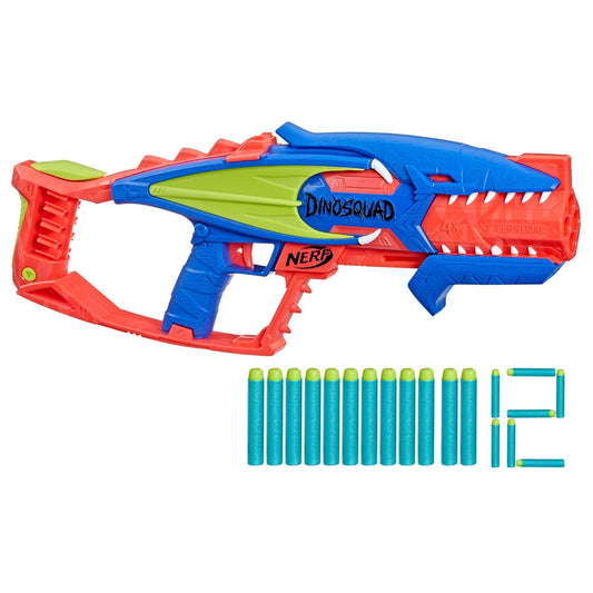 Hasbro Nerf Dinosquad Terrodak, 4 Dart Blasting Foam Ball Launcher, Dart Storage, 12 Nerf Elite Darts, Dinosaur Design, Toy Foam Nerf Blaster for Kids Outdoor Games,Multicolor
