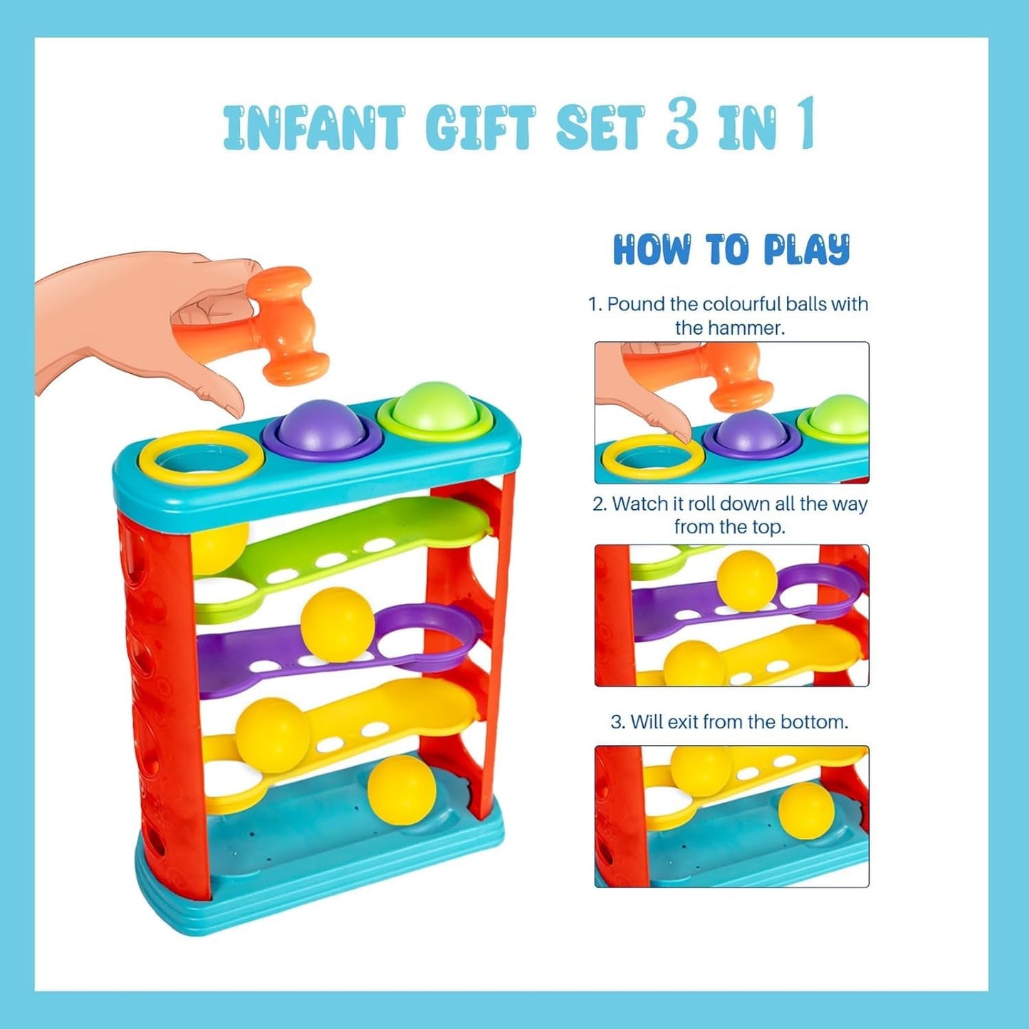 Game Phactory Infants Gift Set 3 in 1 Containing Hammer Ball, Cubic Rattle & Nursery Cube Montessori Toys Preschool Learning for Infants & Toddlers