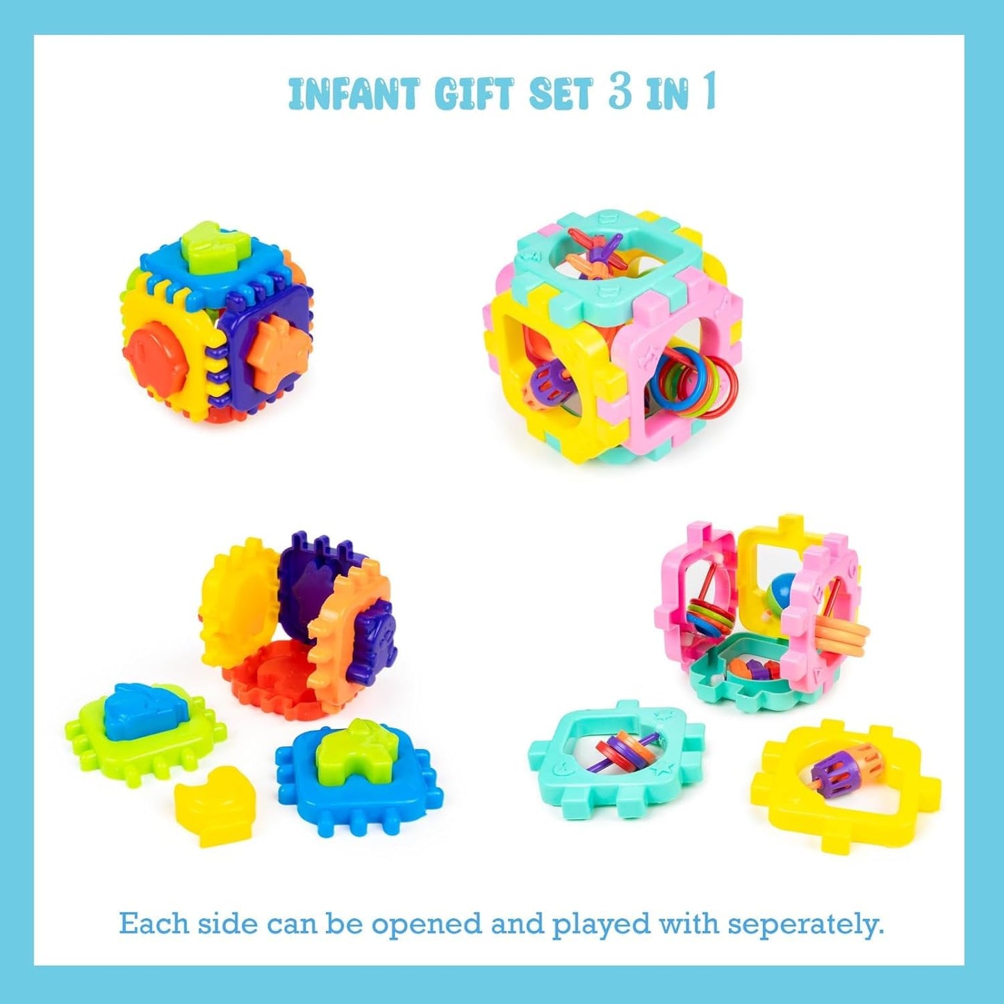 Game Phactory Infants Gift Set 3 in 1 Containing Hammer Ball, Cubic Rattle & Nursery Cube Montessori Toys Preschool Learning for Infants & Toddlers