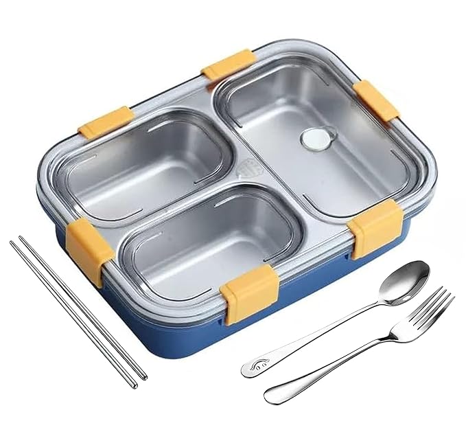 PRIME DEALS Lunch Box Sealed Leakage Proof Stainless Steel Lunch Box with Fork Chopstick&Spoon Lid Office Food Container for School Kids and Adults 750ml (Blue, 3 Compartment)