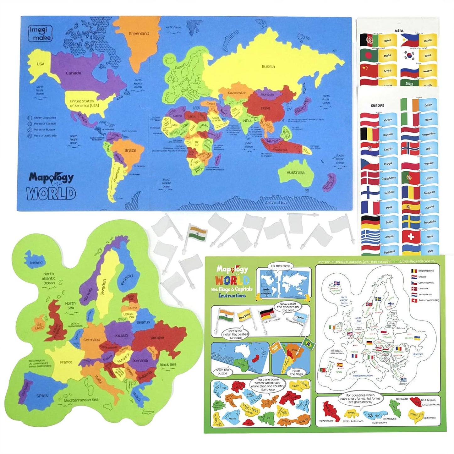 Imagimake: Mapology India and World Maps with Capitals - Learn Capitals and Country Flags - Educational Toy for Kids Above 5 Years, Multicolor