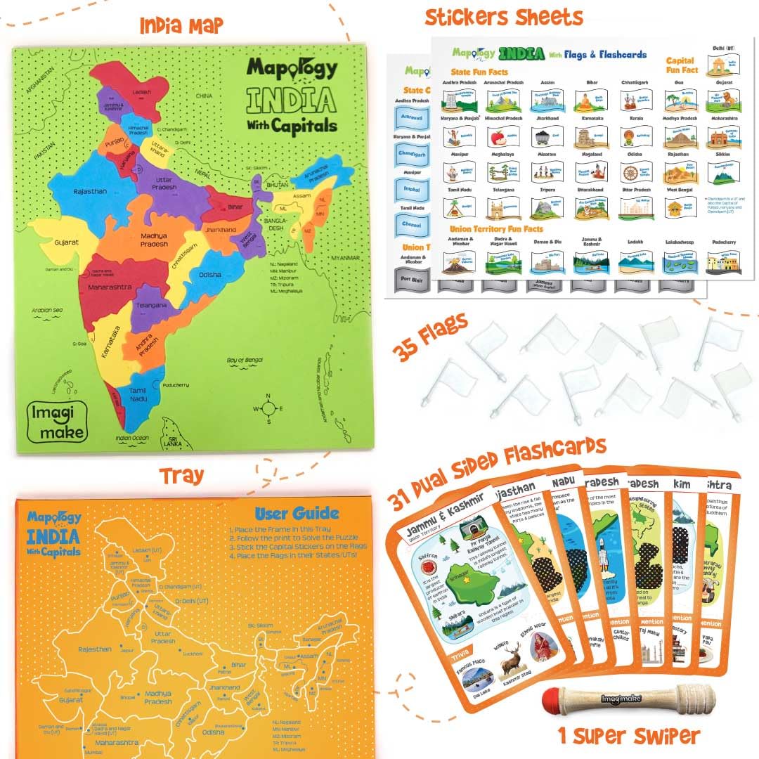 Imagimake Mapology India Map with Flash Card| Swipe & Reveal Card Game | Educational Toys 7+ Years | Kids Learning Toys | Puzzle Game for Kids 7 to 10 Years | Birthday Gift for Girls & Boys