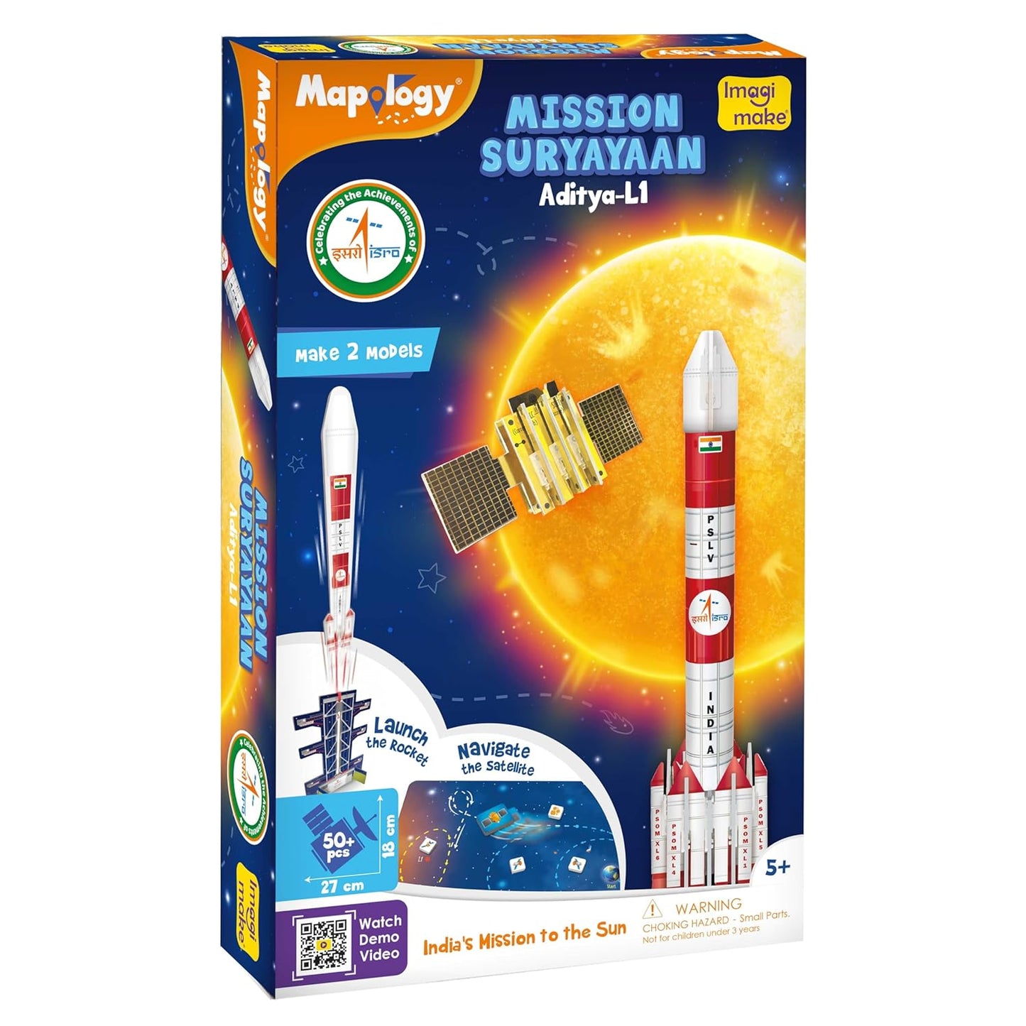 Imagimake Mapology ISRO Space Toys: Mission Suryayaan Aditya L1 | Rocket Model & Satellite | Educational Toys for 5+ Years | 3D Puzzles With Rocket Launcher | Birthday Gift for Kids, White