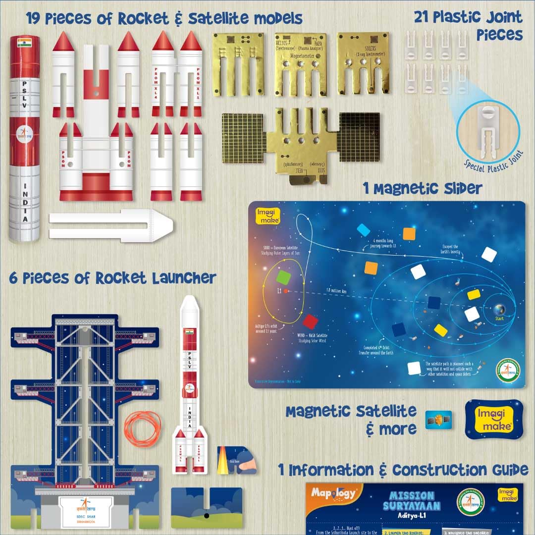 Imagimake Mapology ISRO Space Toys: Mission Suryayaan Aditya L1 | Rocket Model & Satellite | Educational Toys for 5+ Years | 3D Puzzles With Rocket Launcher | Birthday Gift for Kids, White
