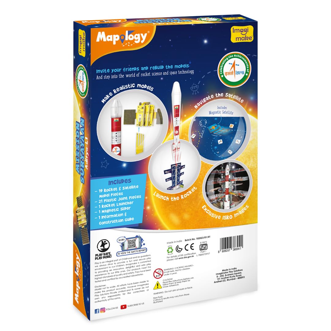 Imagimake Mapology ISRO Space Toys: Mission Suryayaan Aditya L1 | Rocket Model & Satellite | Educational Toys for 5+ Years | 3D Puzzles With Rocket Launcher | Birthday Gift for Kids, White