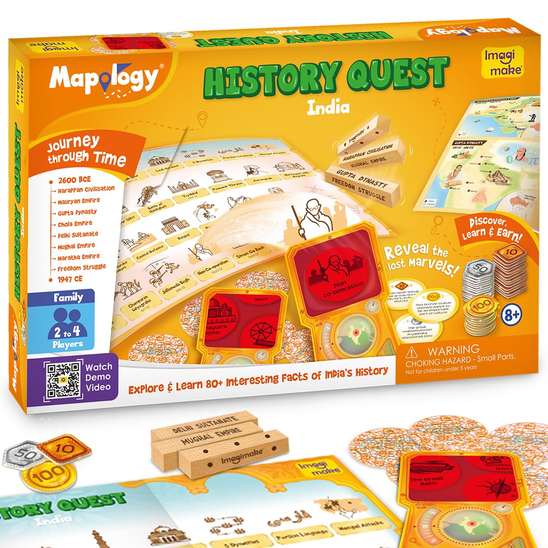 Imagimake Kid,Teen,Adult Mapology History Quest,India,Historical Board Game,Explore 8 ERAS of Indian History with Discovery Lenses,Artefact Tokens,Ancient Dice,Educational Toy,Birthday Gift