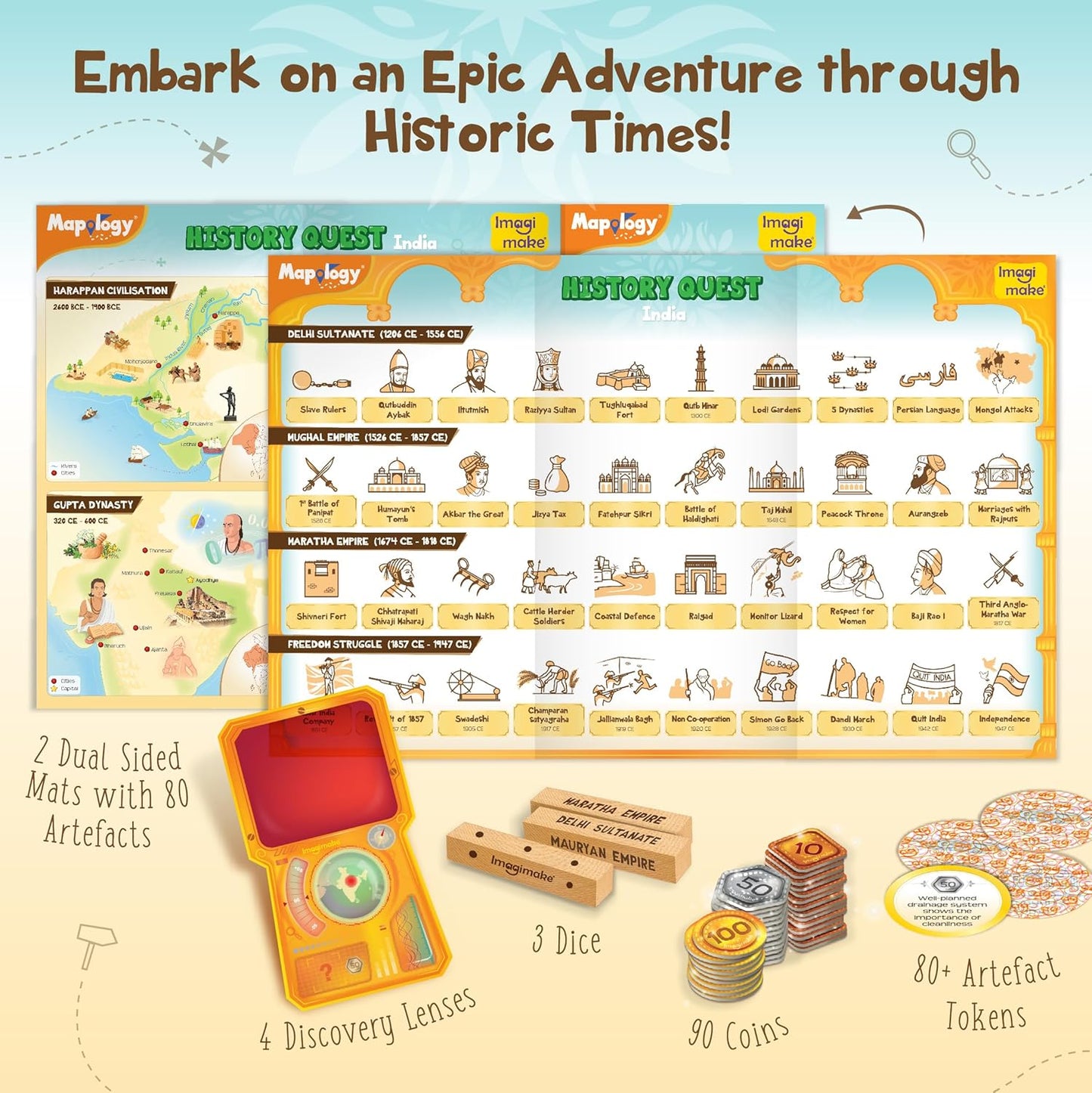 Imagimake Kid,Teen,Adult Mapology History Quest,India,Historical Board Game,Explore 8 ERAS of Indian History with Discovery Lenses,Artefact Tokens,Ancient Dice,Educational Toy,Birthday Gift