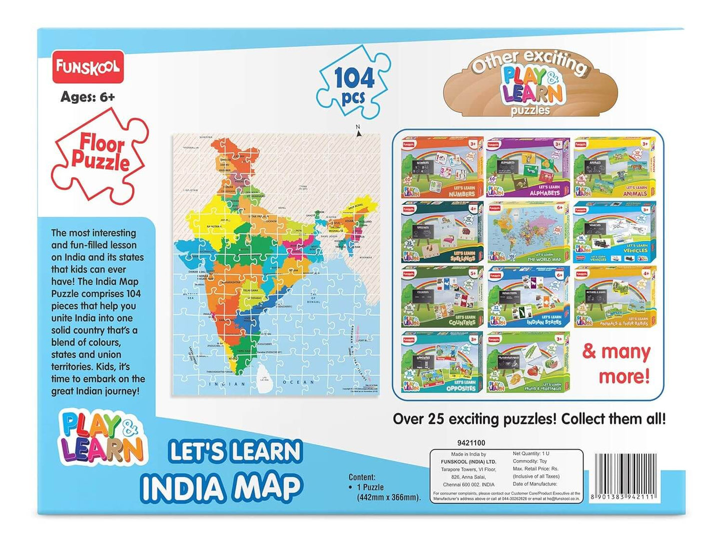 Funskool - Play & Learn -India Map 3 Feet Large Size,Educational,48 Pieces,Puzzle,for 3 Year Old Kids and Above,Toy