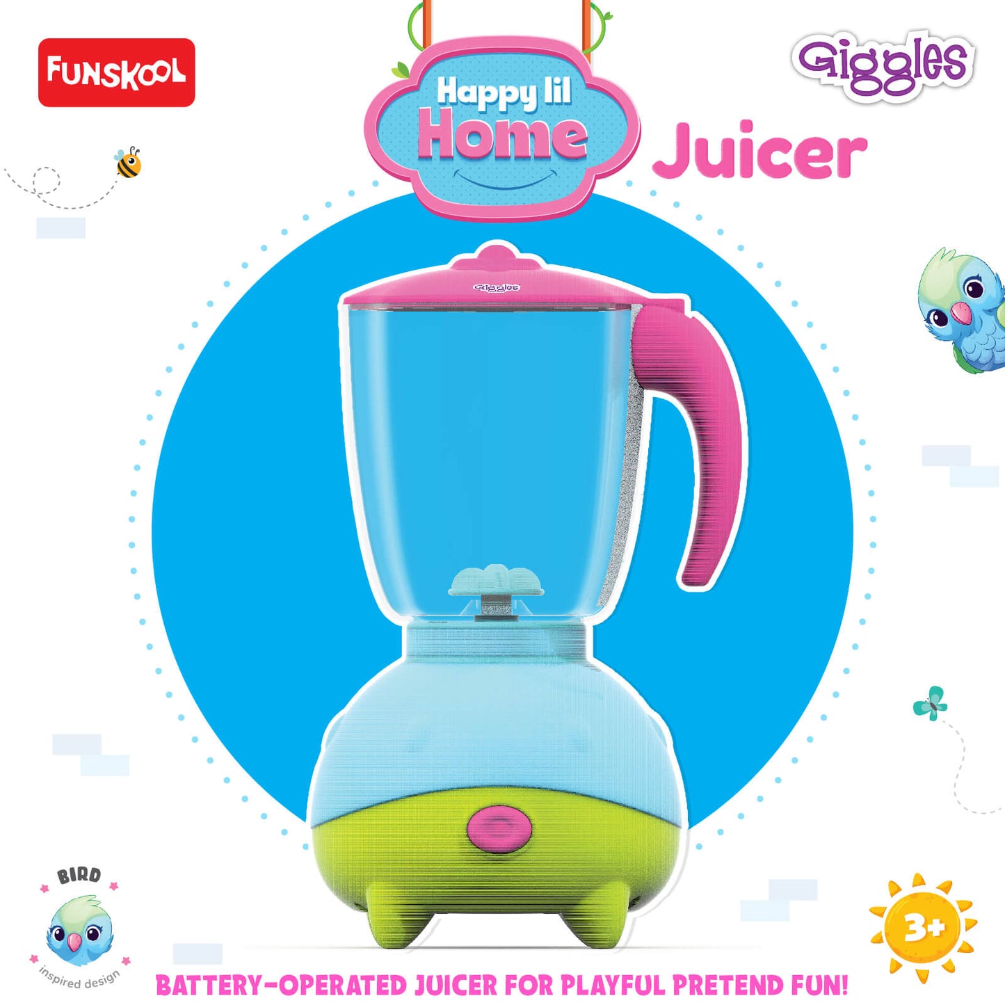 Funskool Giggles Playset Happy Lil Home-Juicer, Bird Inspired Pretend Role-Play Toy with Electronic Sounds,Mixer Blade,for Kids 3 Year Old & Above.