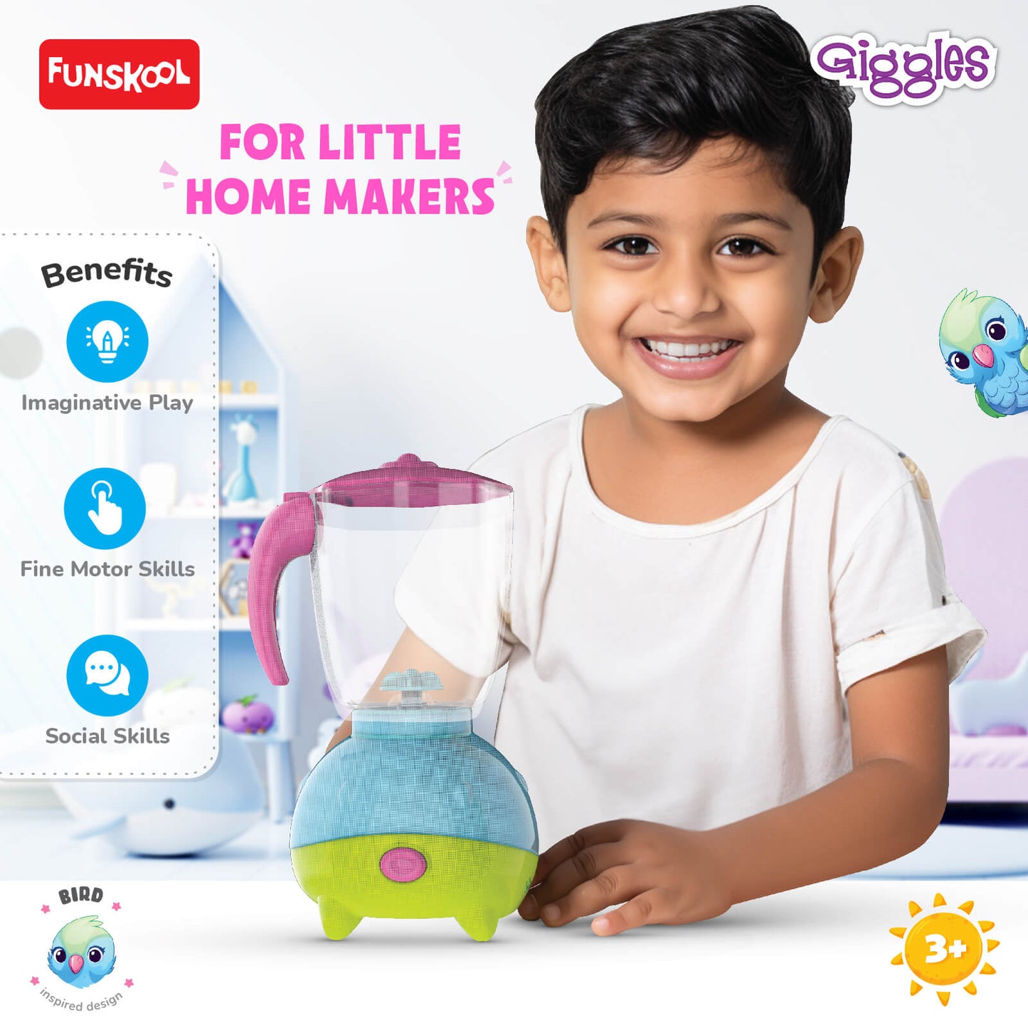 Funskool Giggles Playset Happy Lil Home-Juicer, Bird Inspired Pretend Role-Play Toy with Electronic Sounds,Mixer Blade,for Kids 3 Year Old & Above.