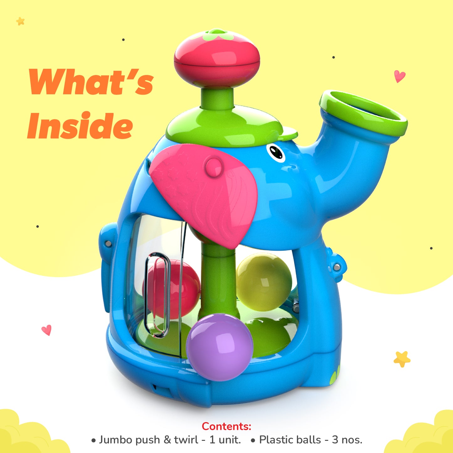 Giggles Funskool Jumbo Push & Twirl, Adorable Twirling Elephant Toy for Kids, Encourages Learning & Development, Fun Activity for Babies, Gift Set for Kid, Age 6+ Months