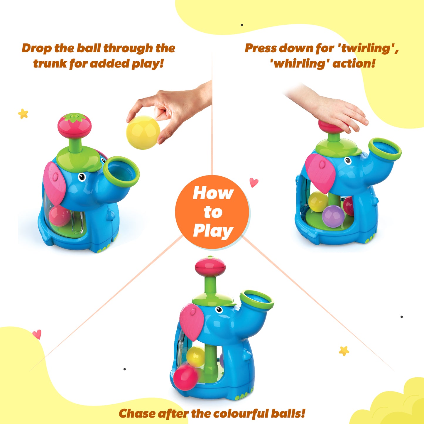 Giggles Funskool Jumbo Push & Twirl, Adorable Twirling Elephant Toy for Kids, Encourages Learning & Development, Fun Activity for Babies, Gift Set for Kid, Age 6+ Months