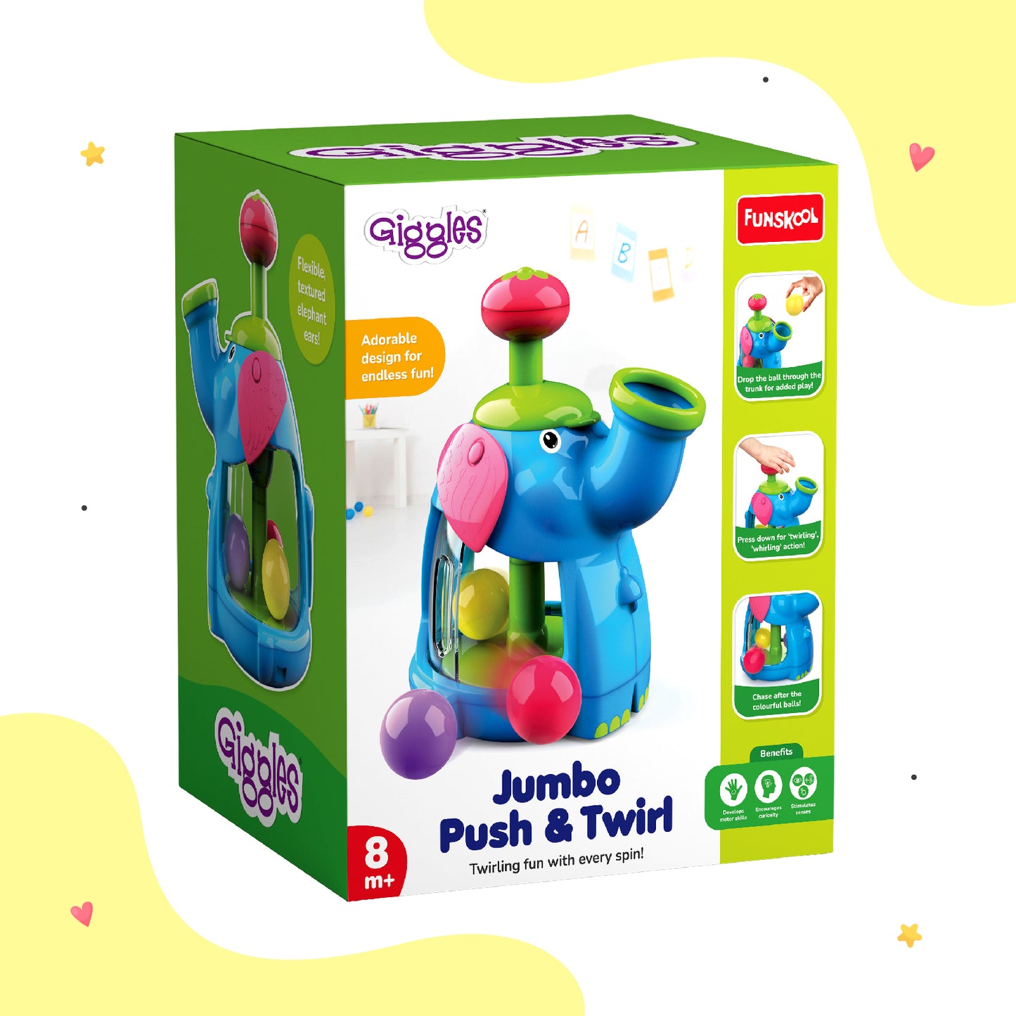 Giggles Funskool Jumbo Push & Twirl, Adorable Twirling Elephant Toy for Kids, Encourages Learning & Development, Fun Activity for Babies, Gift Set for Kid, Age 6+ Months