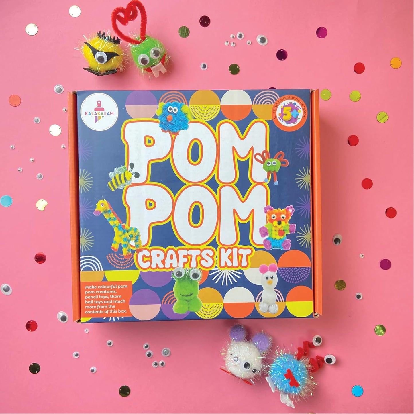 Kalakaram Pom Pom Crafts Kit for Kids 5 Year Old, DIY Fun Activity and Hobby, Art Craft Kit, Multi Color, Pack of 270 Pieces