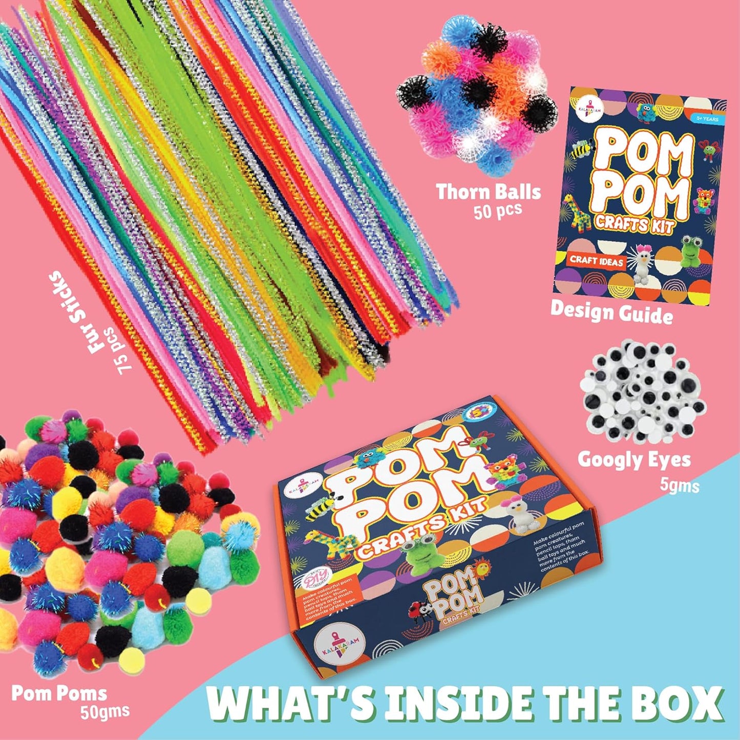 Kalakaram Pom Pom Crafts Kit for Kids 5 Year Old, DIY Fun Activity and Hobby, Art Craft Kit, Multi Color, Pack of 270 Pieces