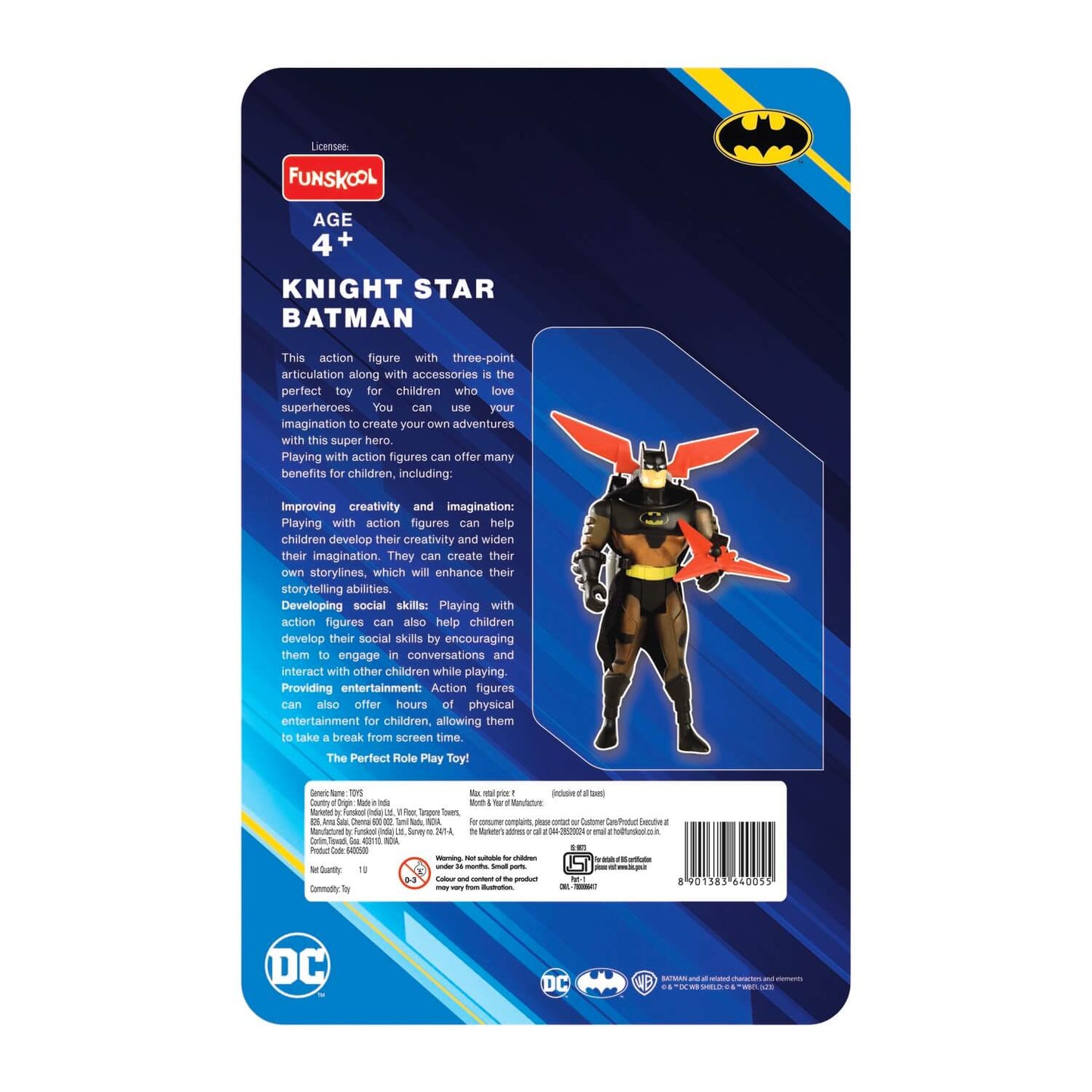 Funskool Knight Star Batman Action Figure Toy for Kid, 6 Inch, Classic DC Superhero With Articulation, Movie Inspired Collectible, Ideal Gift for Children, Toys for Kids, Ages 4+ Years